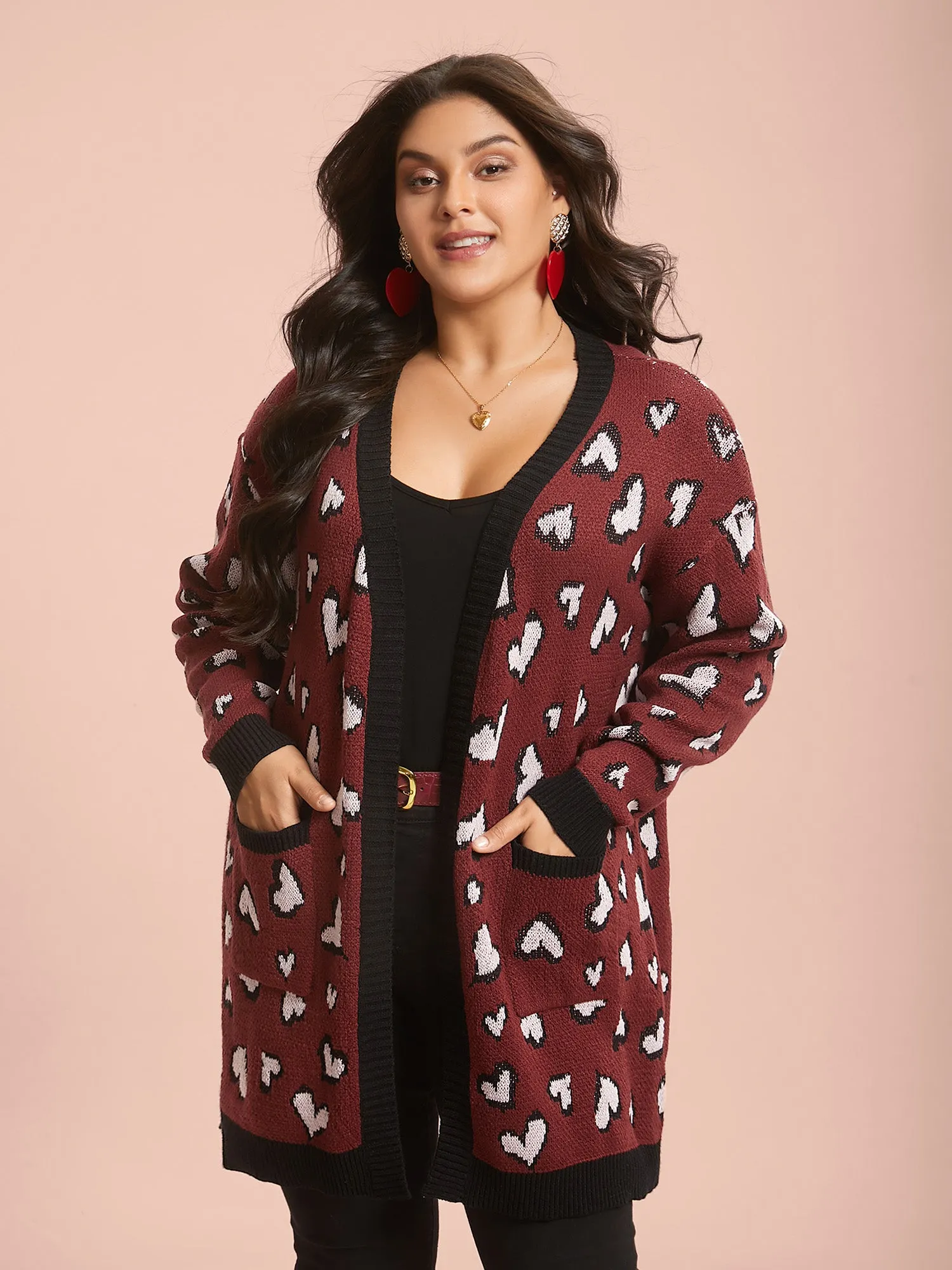 Hearts All Over Open Front Contrast Cardigan sold by Bloomchic