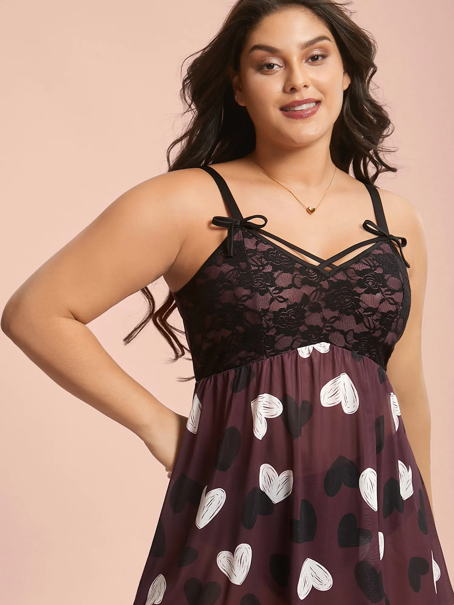Cami Bow Detail Heart Print Nightgown sold by Bloomchic