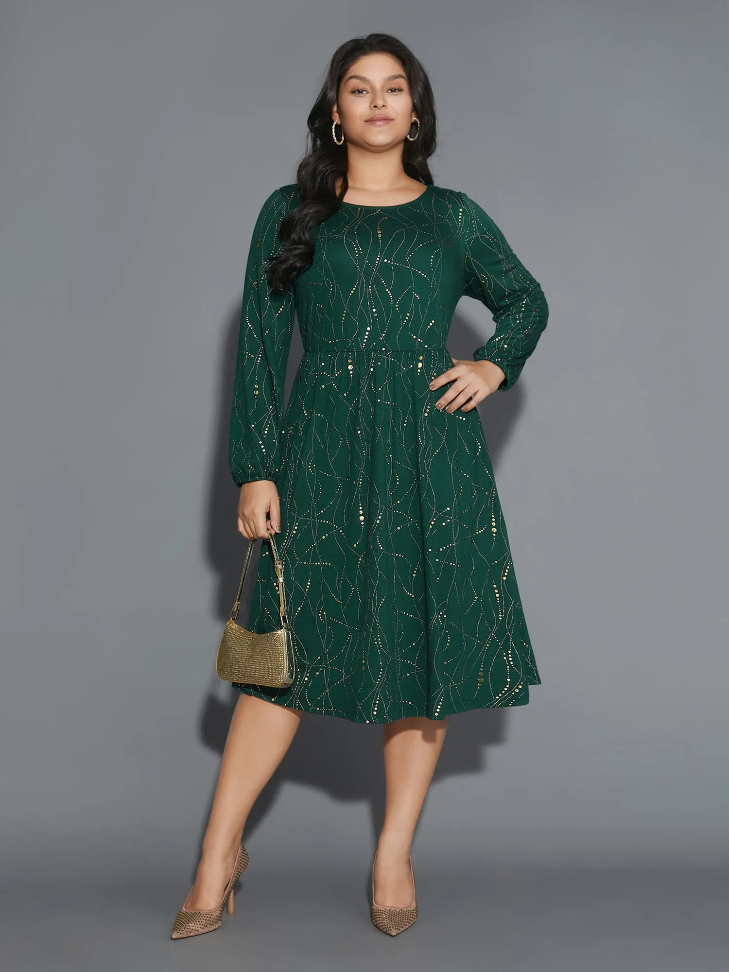 Glitter Crew Neck Waist-Cinched Dress sold by Bloomchic