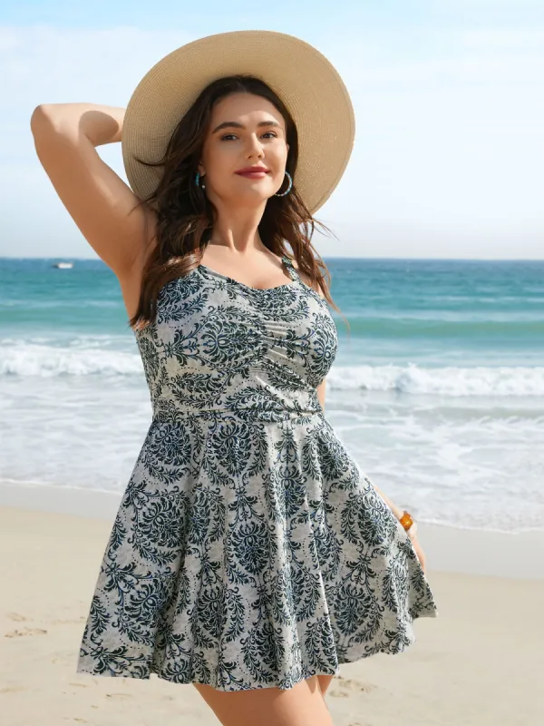 Boho Print Heart Neckline Gathered Swim Dress sold by Bloomchic