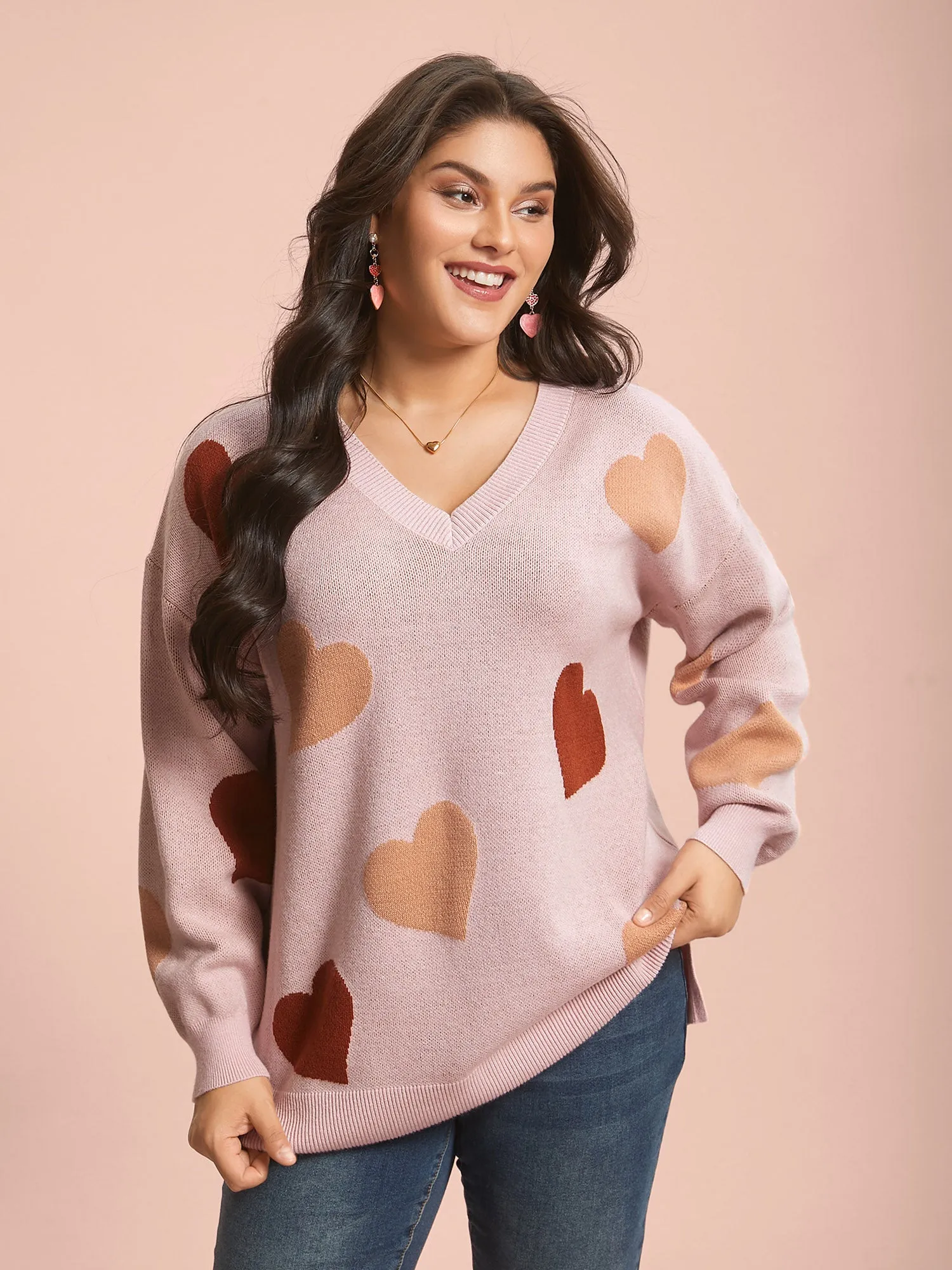 V-Neck Heart Jacquard Contrast Pullover sold by Bloomchic