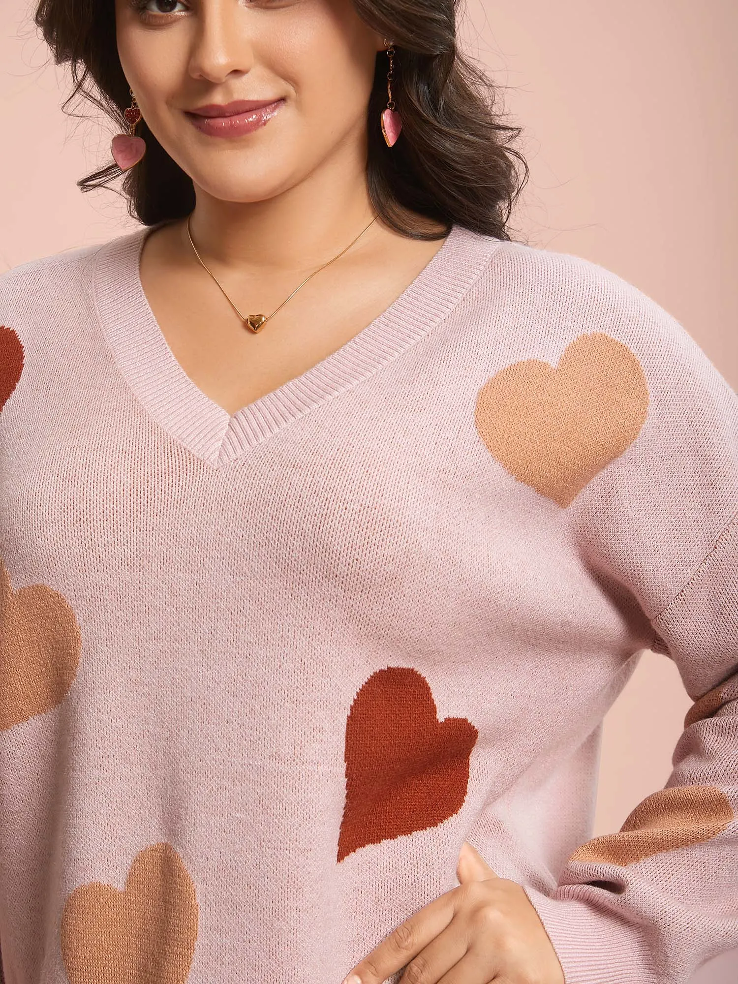 V-Neck Heart Jacquard Contrast Pullover sold by Bloomchic product image thumbnail 5