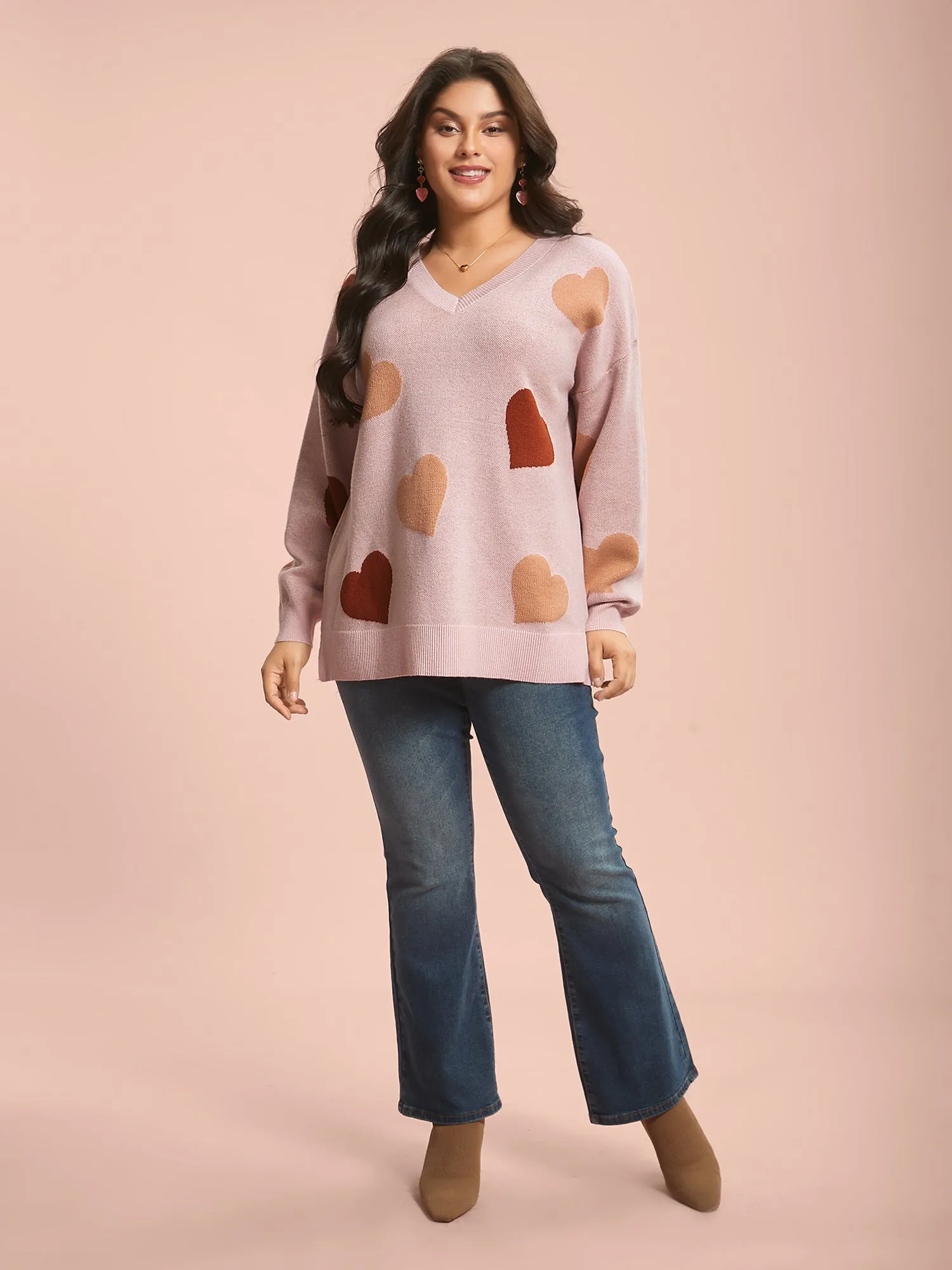 V-Neck Heart Jacquard Contrast Pullover sold by Bloomchic product image thumbnail 3