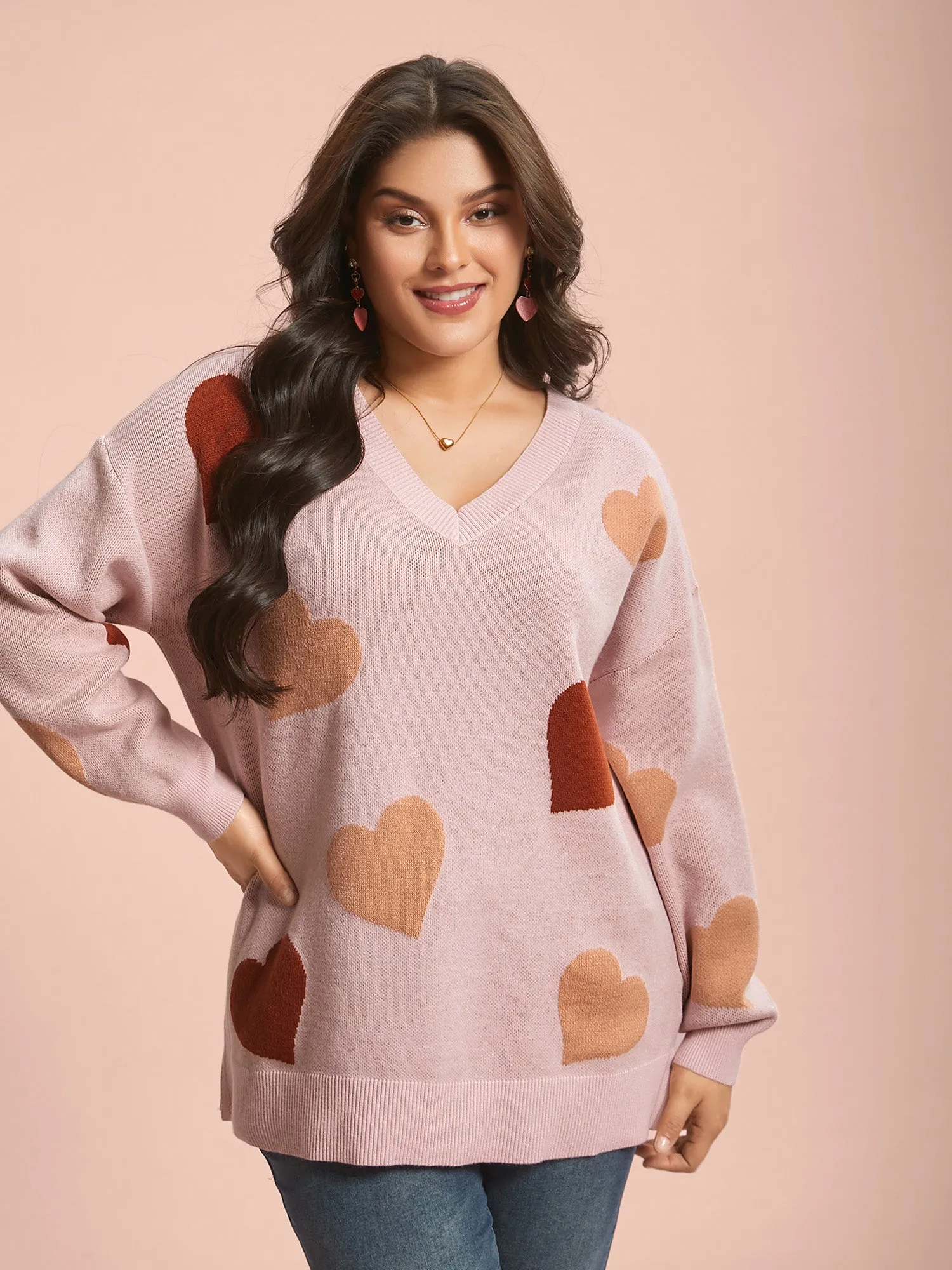V-Neck Heart Jacquard Contrast Pullover sold by Bloomchic product image thumbnail 4