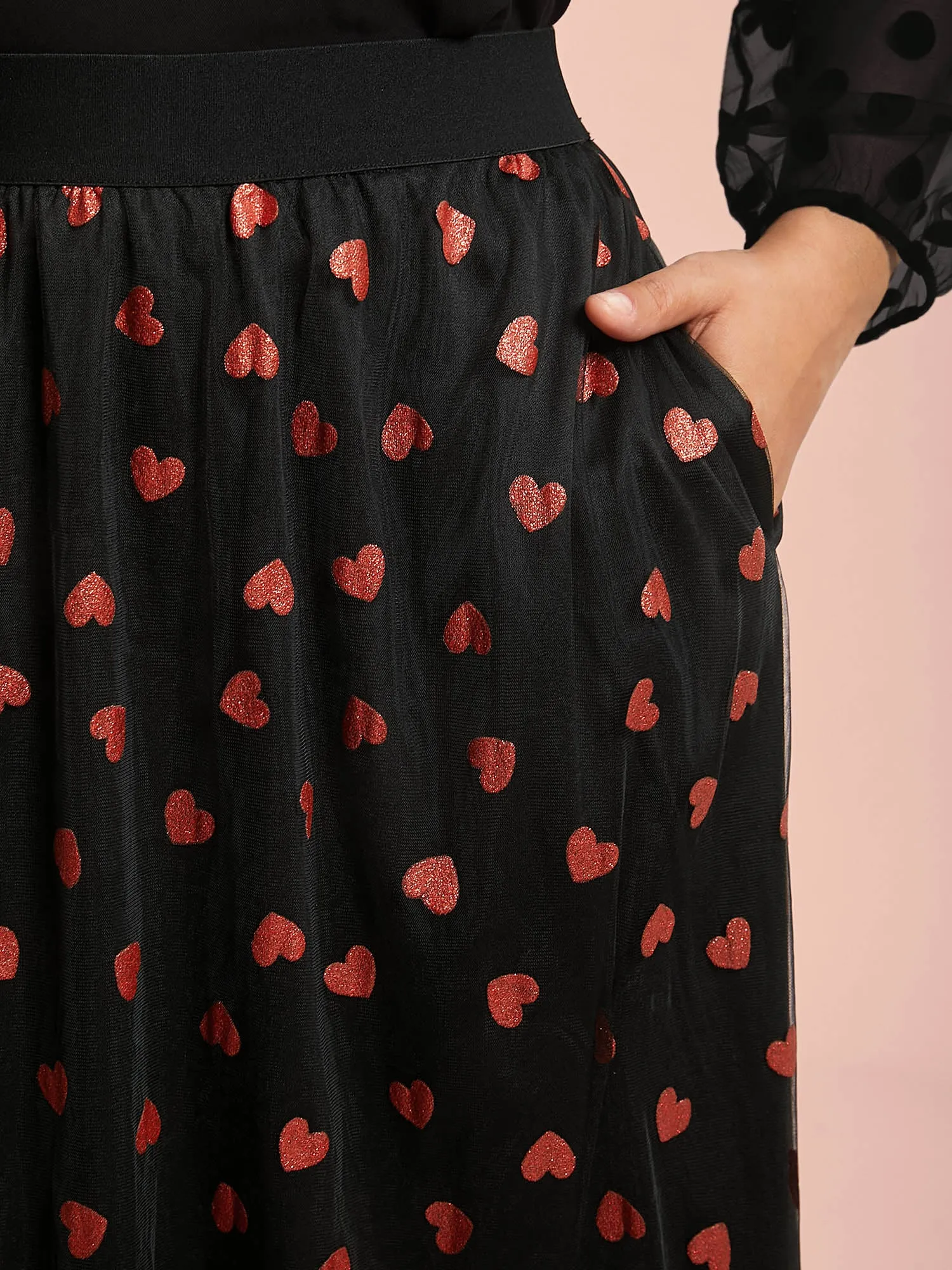 Heart Print Glitter Stretchy Waist Skirt sold by Bloomchic product image thumbnail 3