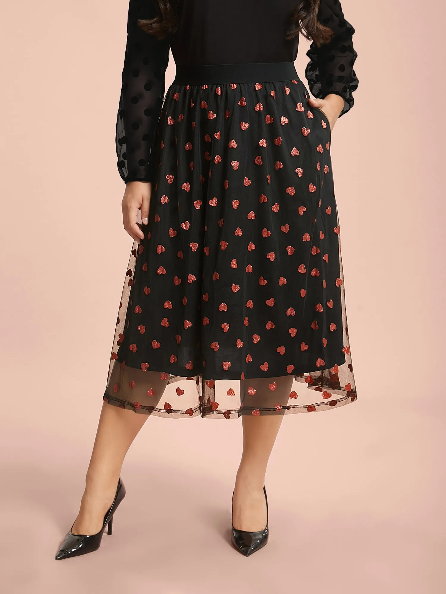 Heart Print Glitter Stretchy Waist Skirt sold by Bloomchic product image thumbnail 5