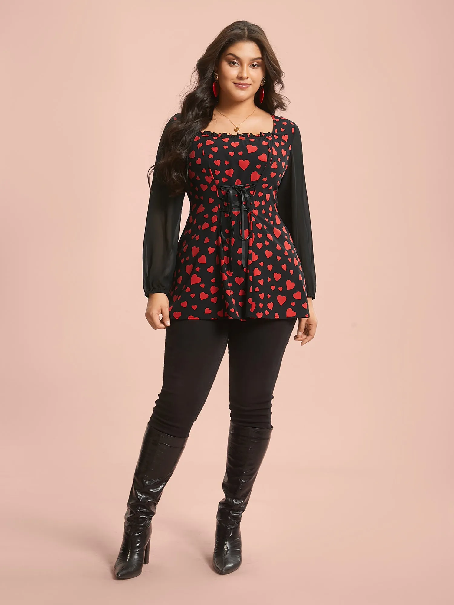 Heart Print Patchwork Waist-Tie Blouse sold by Bloomchic product image thumbnail 3