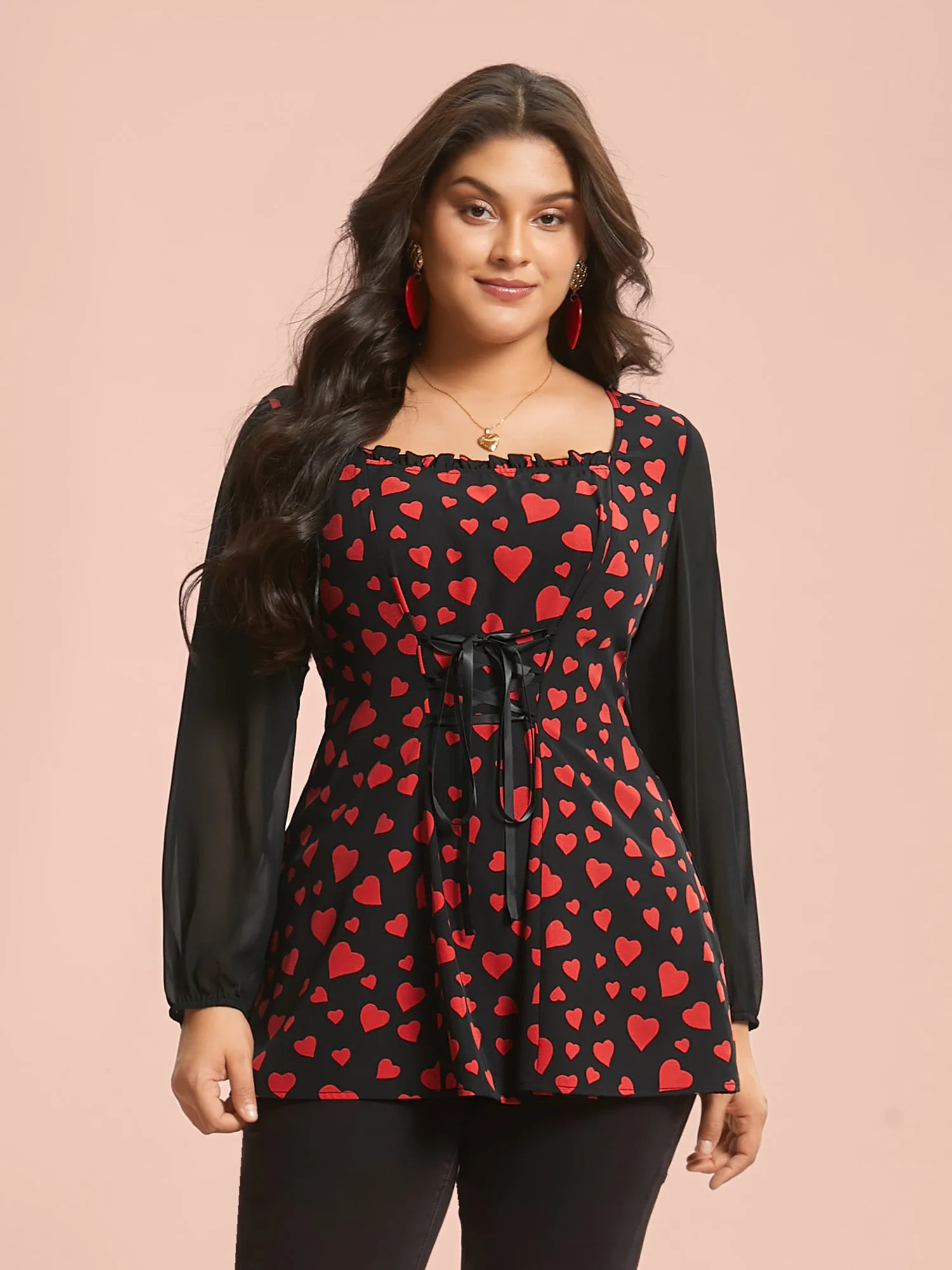 Heart Print Patchwork Waist-Tie Blouse sold by Bloomchic