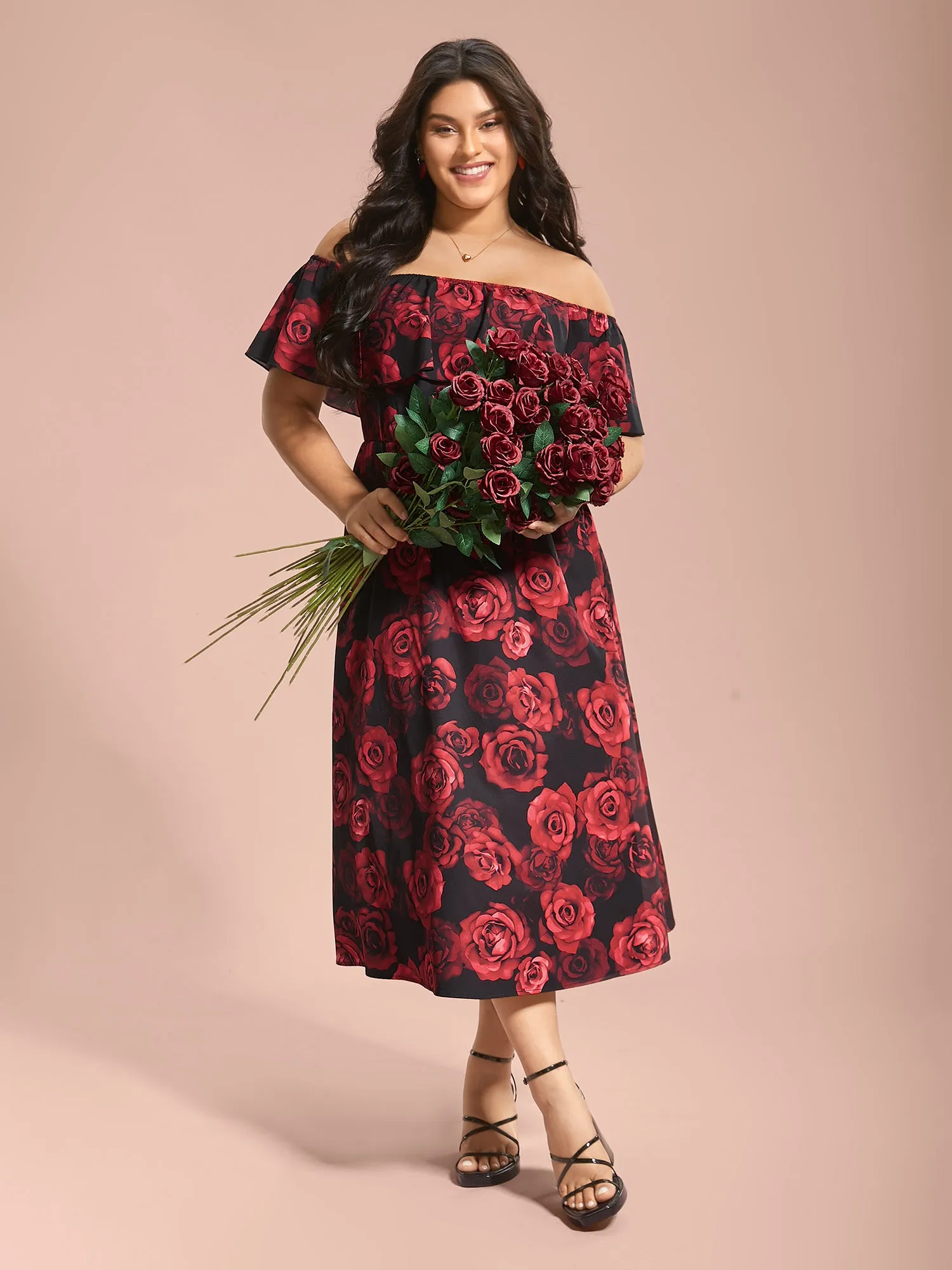 Off-Shoulder Rose Pattern Ruffled Dress sold by Bloomchic