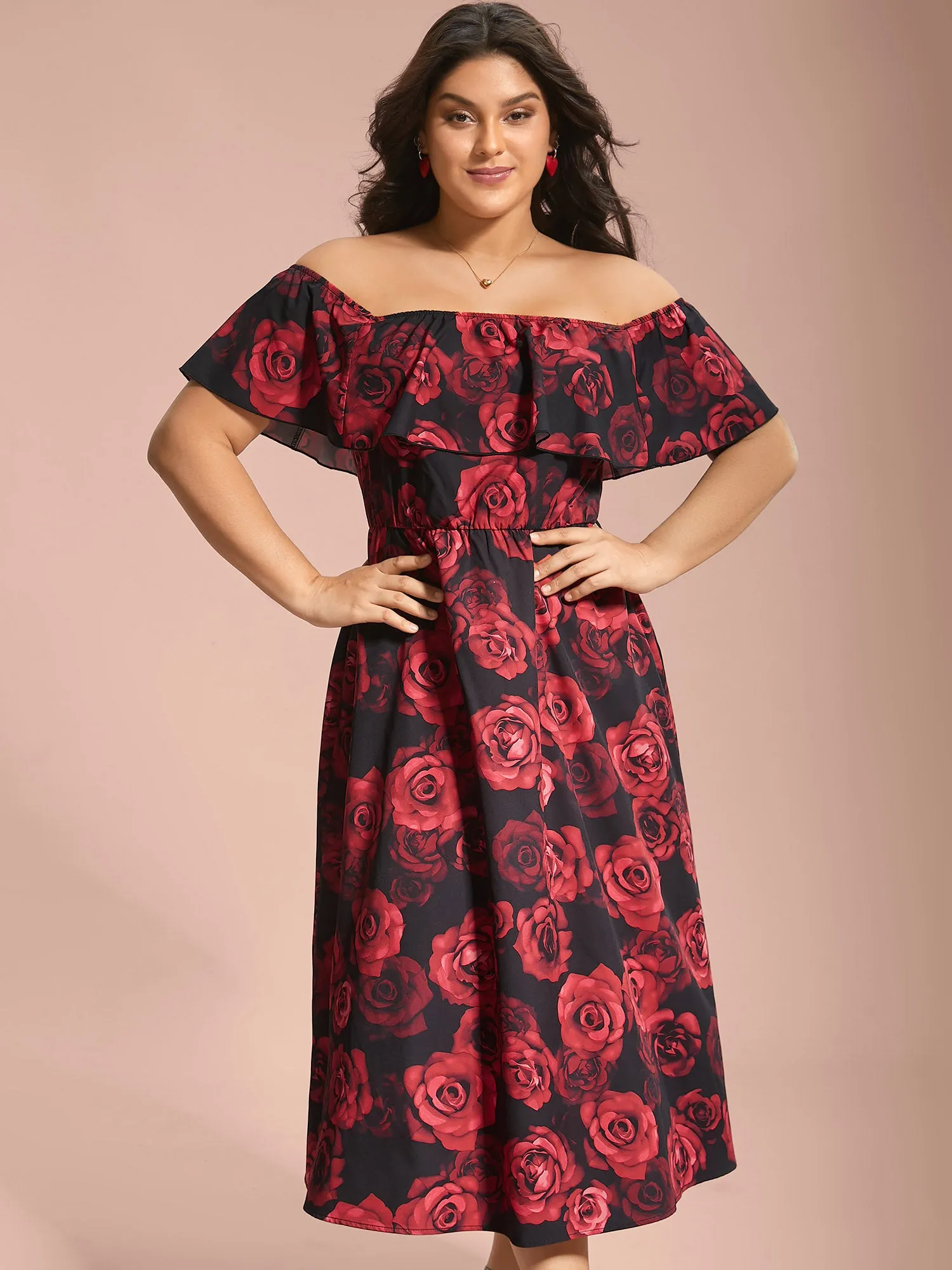 Off-Shoulder Rose Pattern Ruffled Dress sold by Bloomchic product image thumbnail 4
