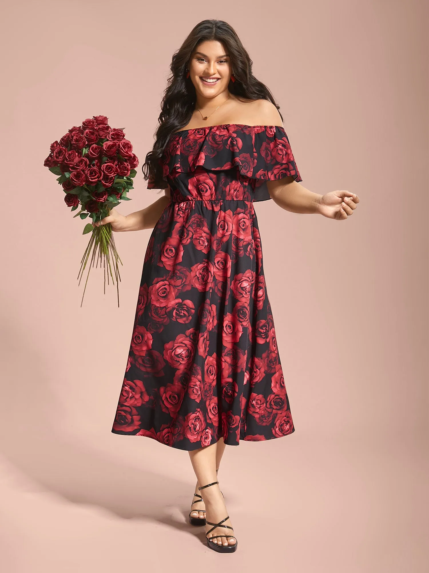 Off-Shoulder Rose Pattern Ruffled Dress sold by Bloomchic product image thumbnail 3