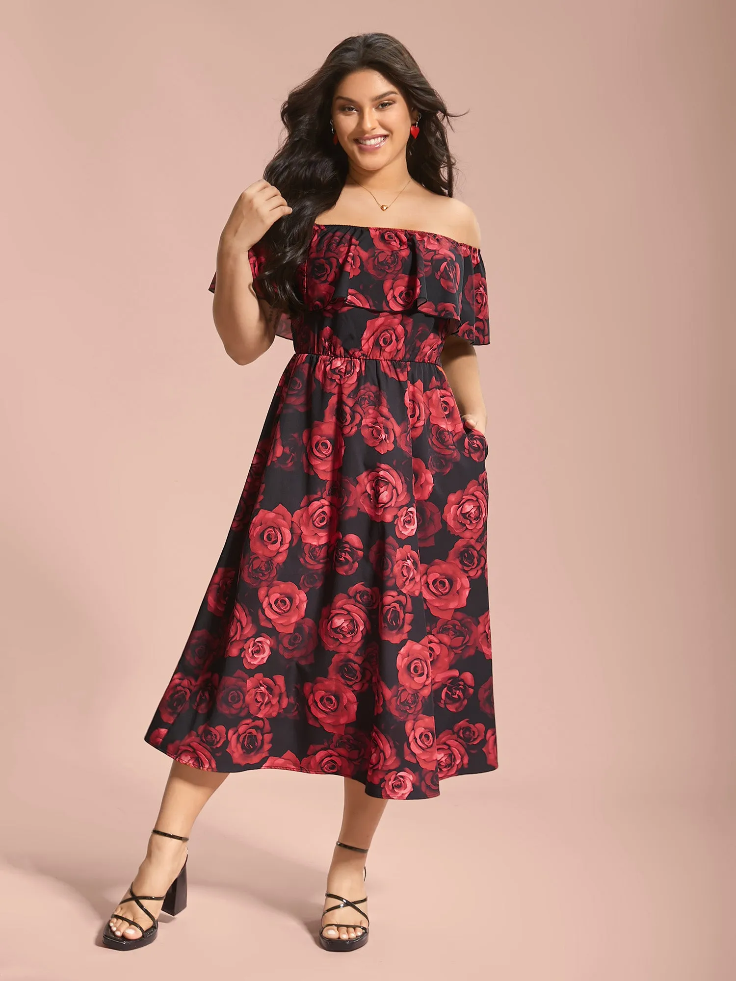 Off-Shoulder Rose Pattern Ruffled Dress sold by Bloomchic product image thumbnail 2