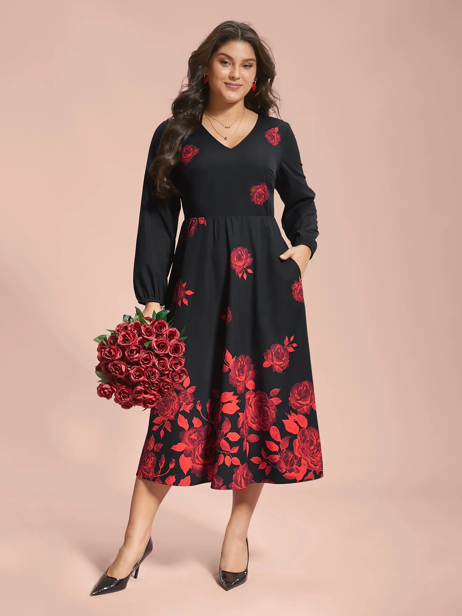 Rose Print Waist-Cinched Midi Dress sold by Bloomchic product image thumbnail 4