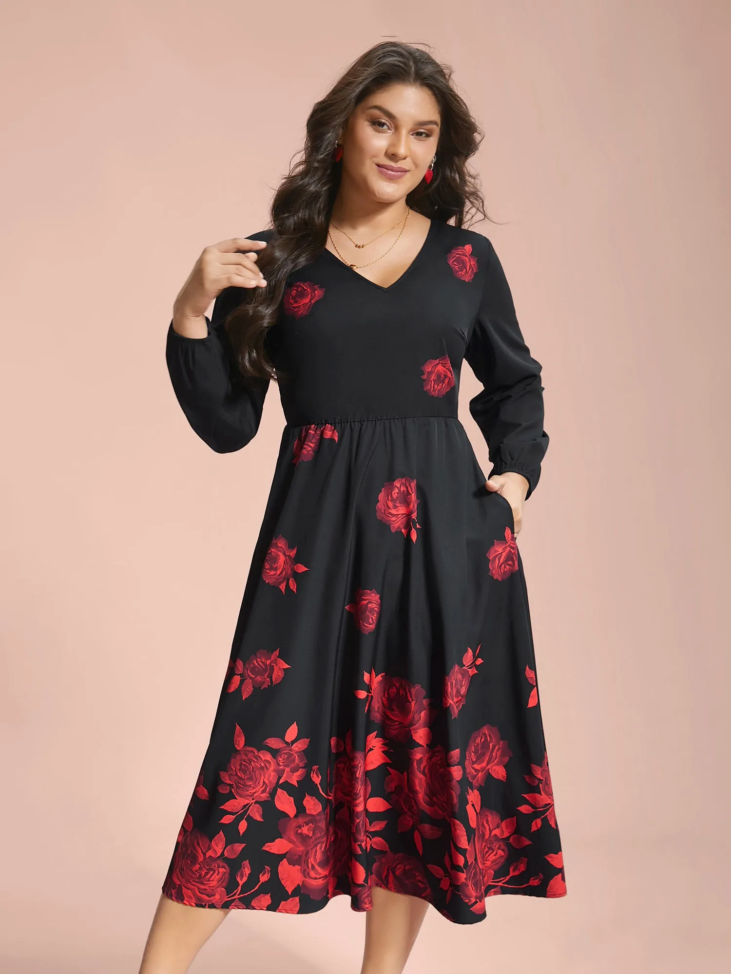 Rose Print Waist-Cinched Midi Dress sold by Bloomchic product image thumbnail 3