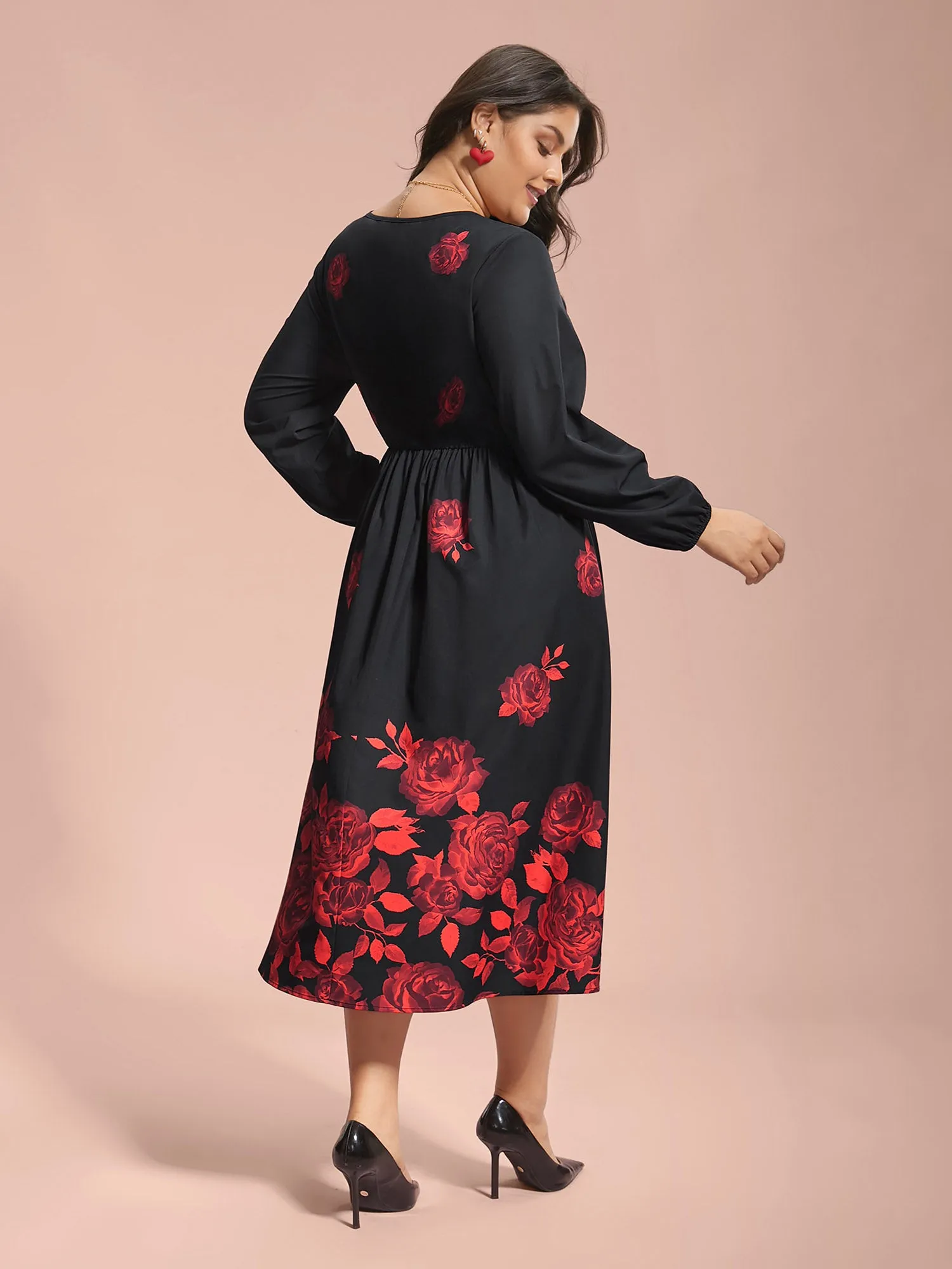 Rose Print Waist-Cinched Midi Dress sold by Bloomchic product image thumbnail 5