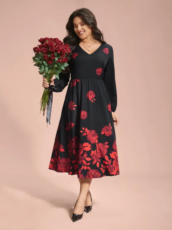 Rose Print Waist-Cinched Midi Dress sold by Bloomchic