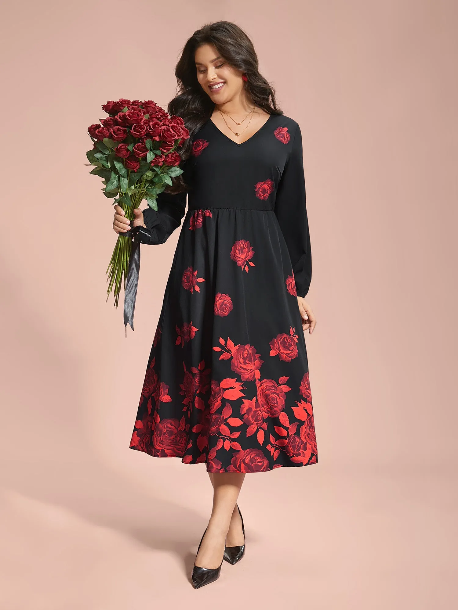 Rose Print Waist-Cinched Midi Dress sold by Bloomchic