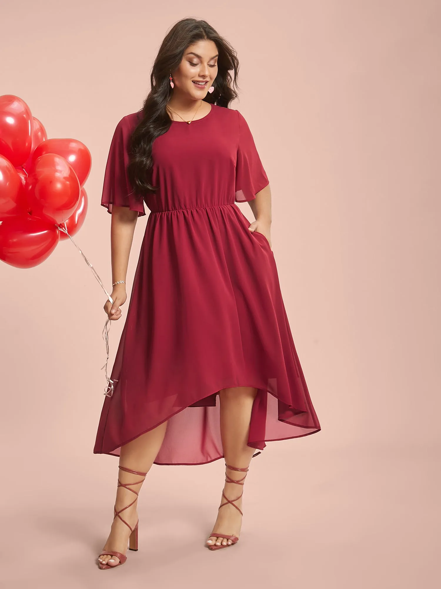 Hi-Low Hem Plain Ruffle Sleeve Dress sold by Bloomchic