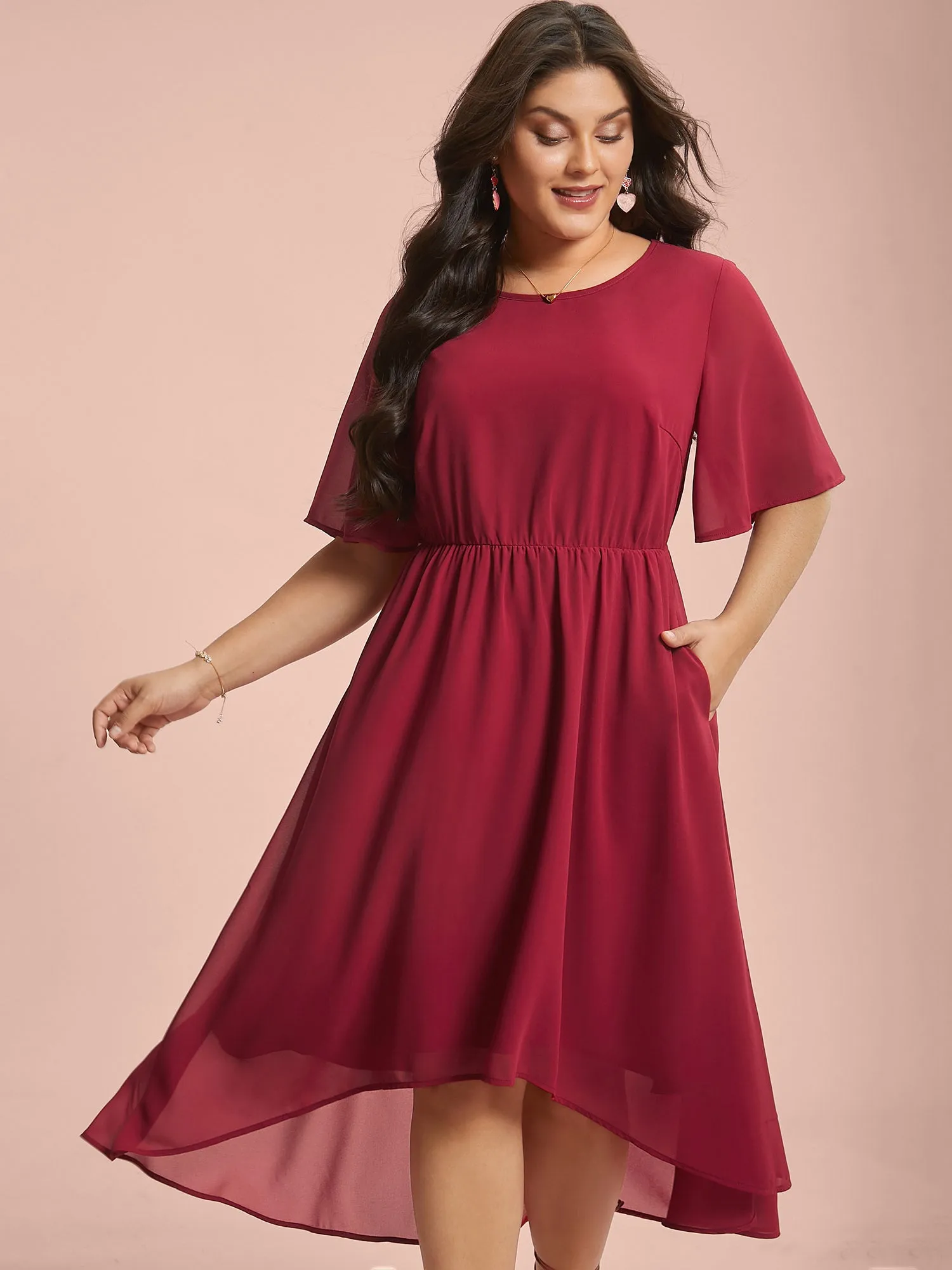 Hi-Low Hem Plain Ruffle Sleeve Dress sold by Bloomchic product image thumbnail 3