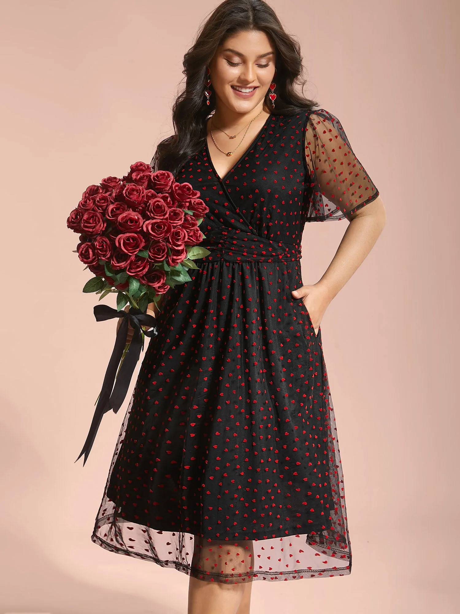 Hearts Mesh Sheer Sleeve Gathered Dress sold by Bloomchic product image thumbnail 3