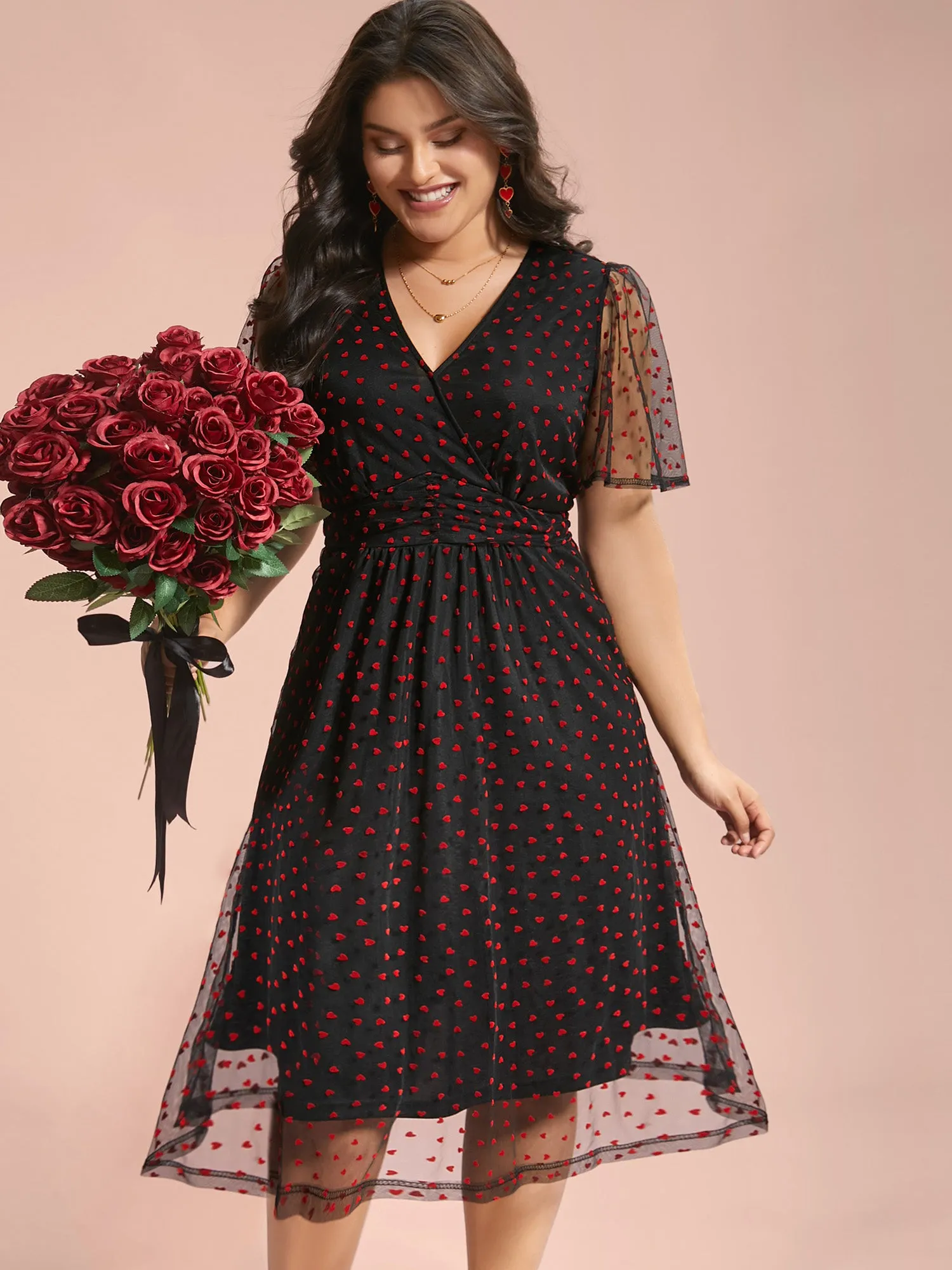 Hearts Mesh Sheer Sleeve Gathered Dress sold by Bloomchic