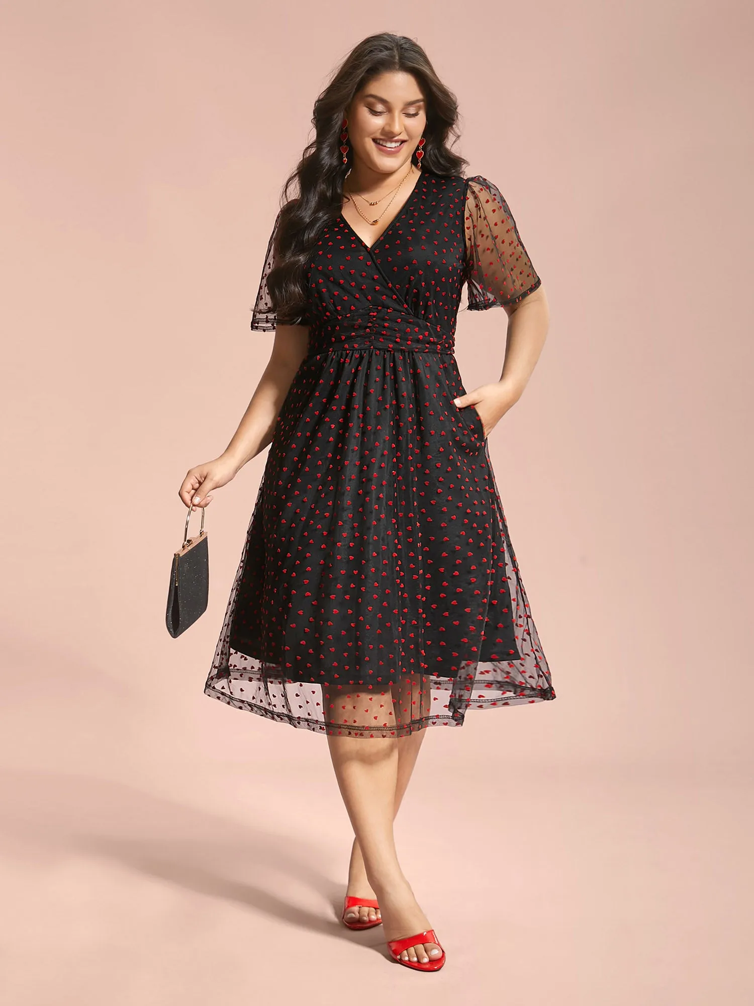 Hearts Mesh Sheer Sleeve Gathered Dress sold by Bloomchic product image thumbnail 4