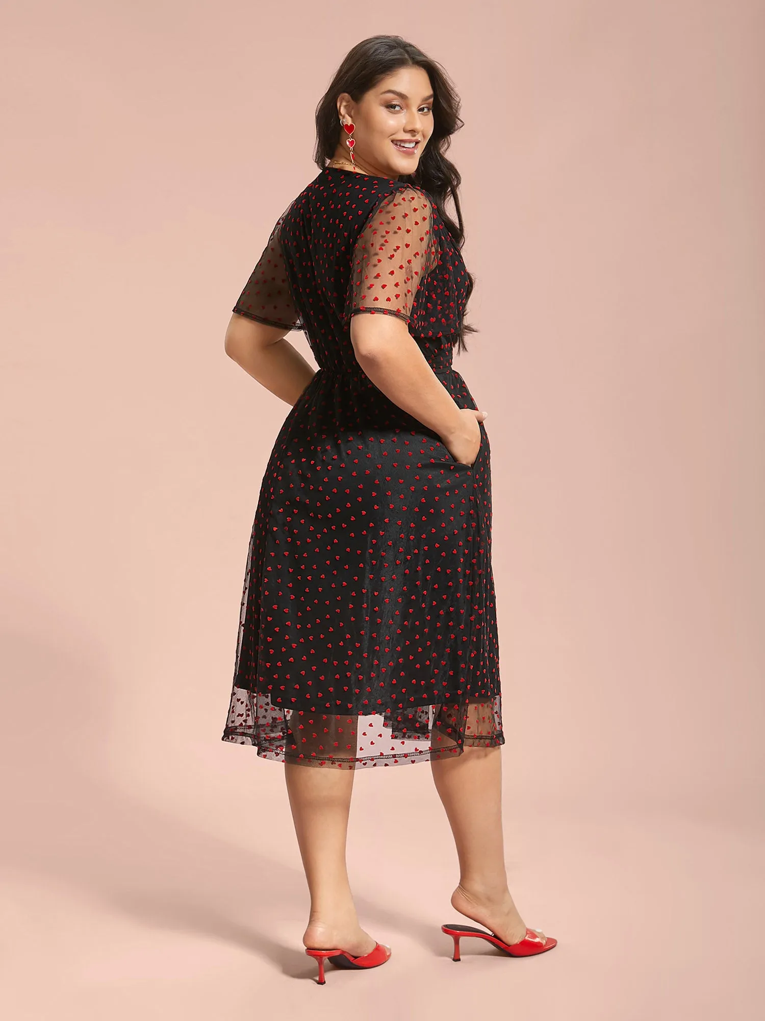 Hearts Mesh Sheer Sleeve Gathered Dress sold by Bloomchic product image thumbnail 5