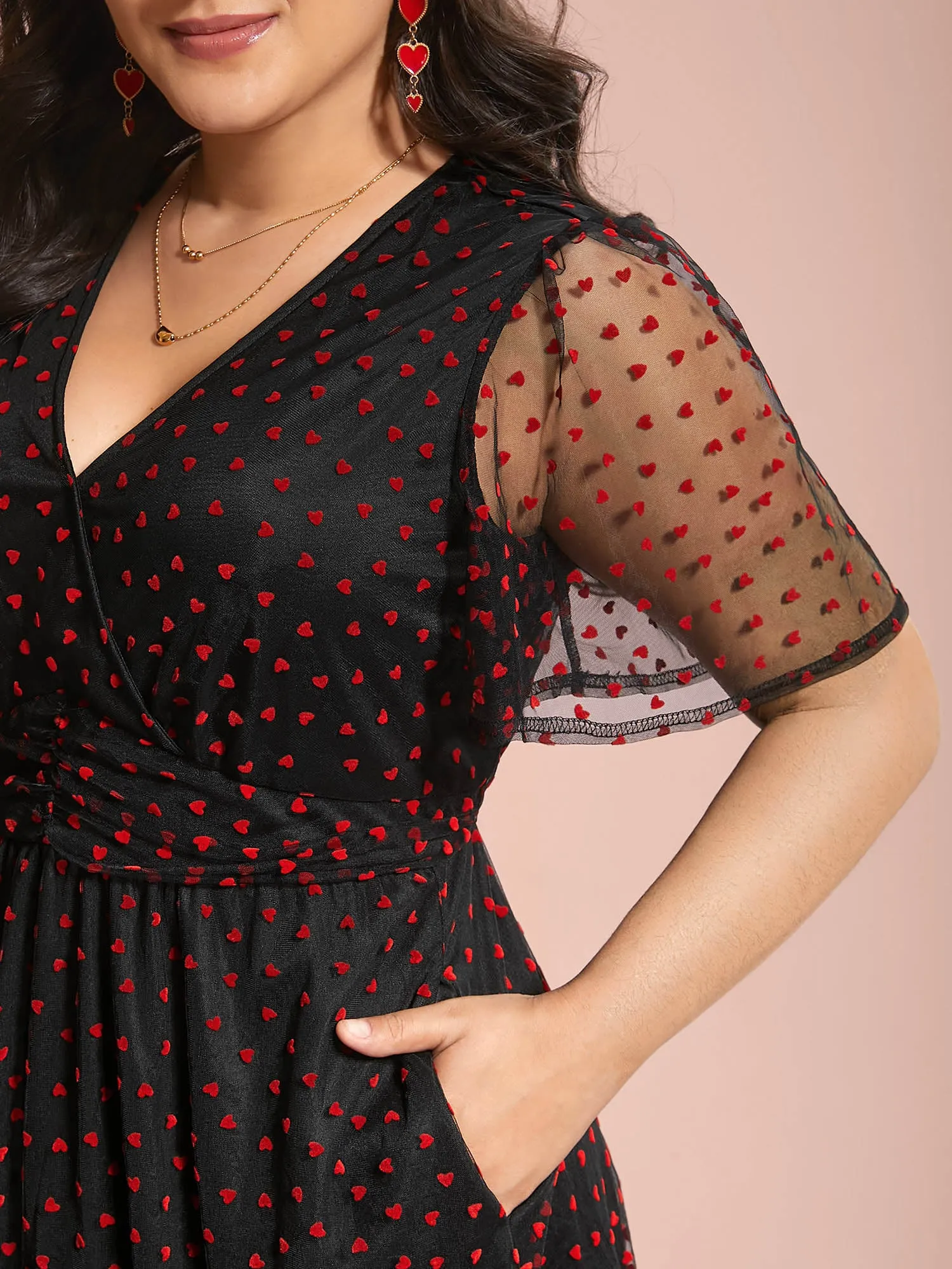 Hearts Mesh Sheer Sleeve Gathered Dress sold by Bloomchic product image thumbnail 2