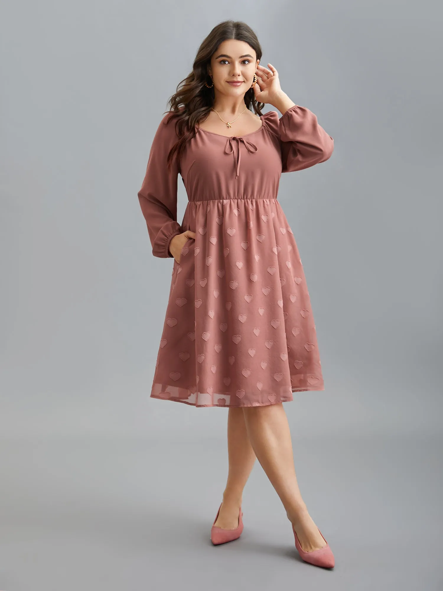 Neck-Tie Heart Pattern Gathered Dress sold by Bloomchic product image thumbnail 2