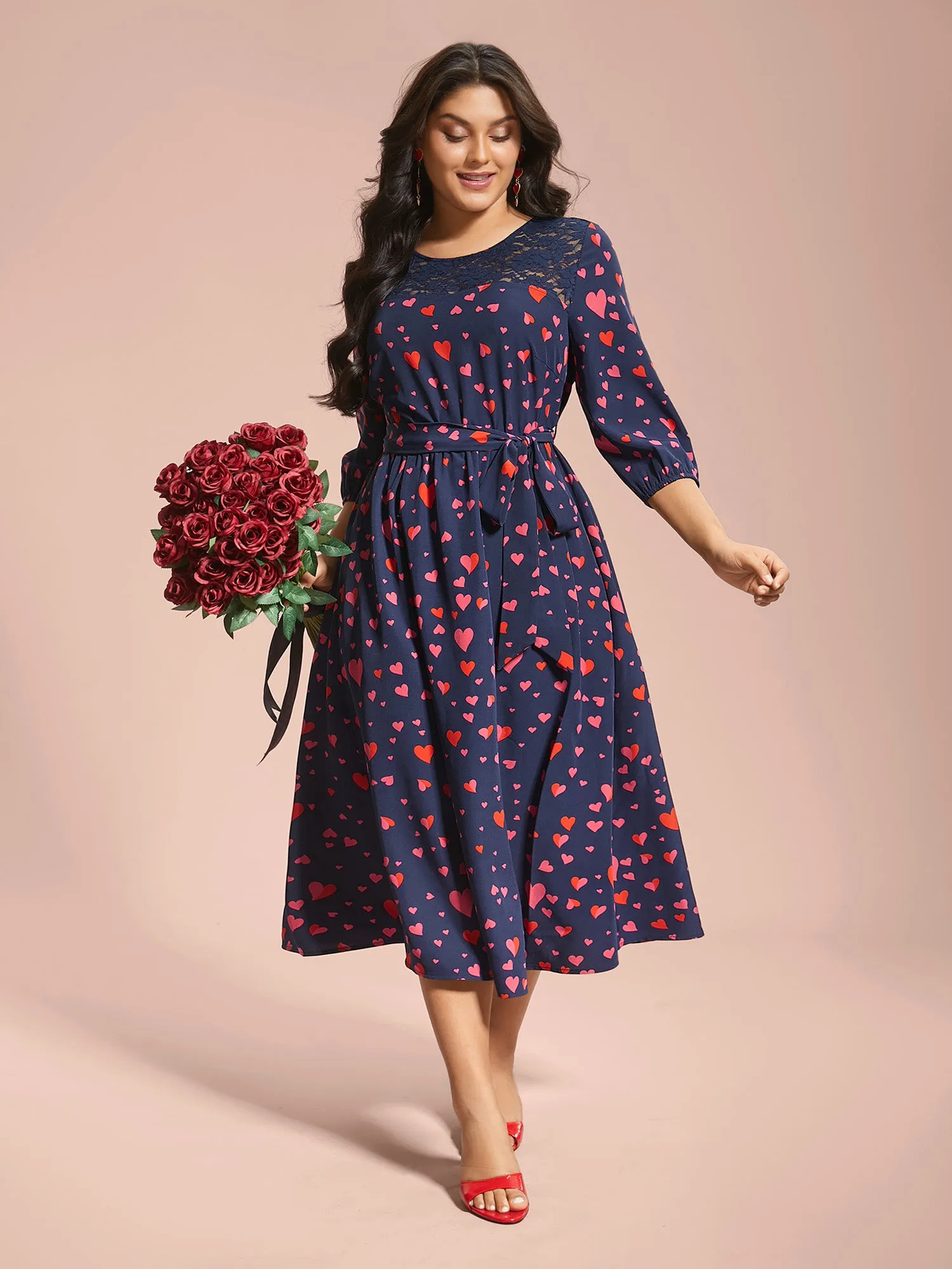 Lace Insert Heart Print Waist-Tie Dress sold by Bloomchic product image thumbnail 4