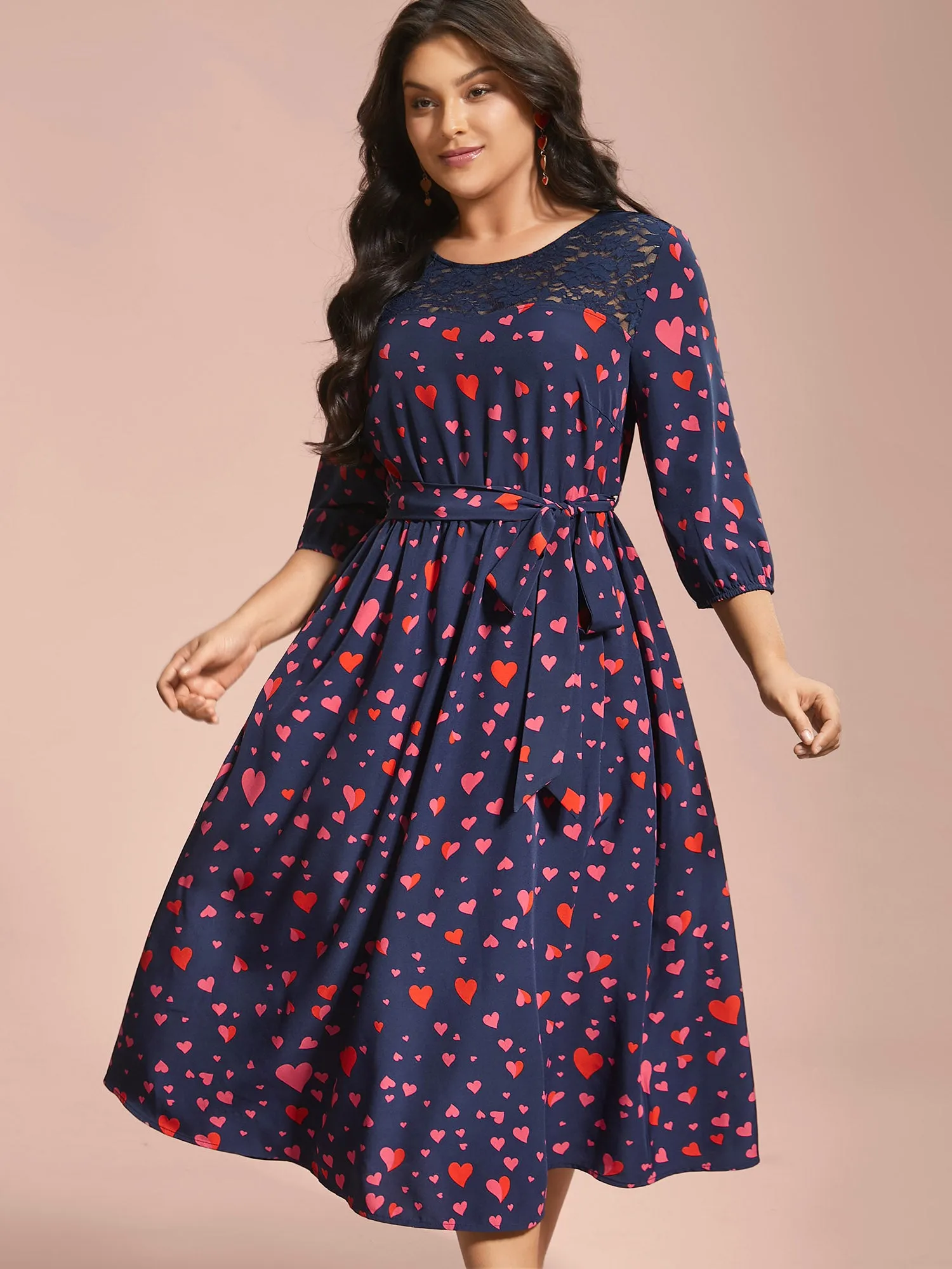 Lace Insert Heart Print Waist-Tie Dress sold by Bloomchic product image thumbnail 3