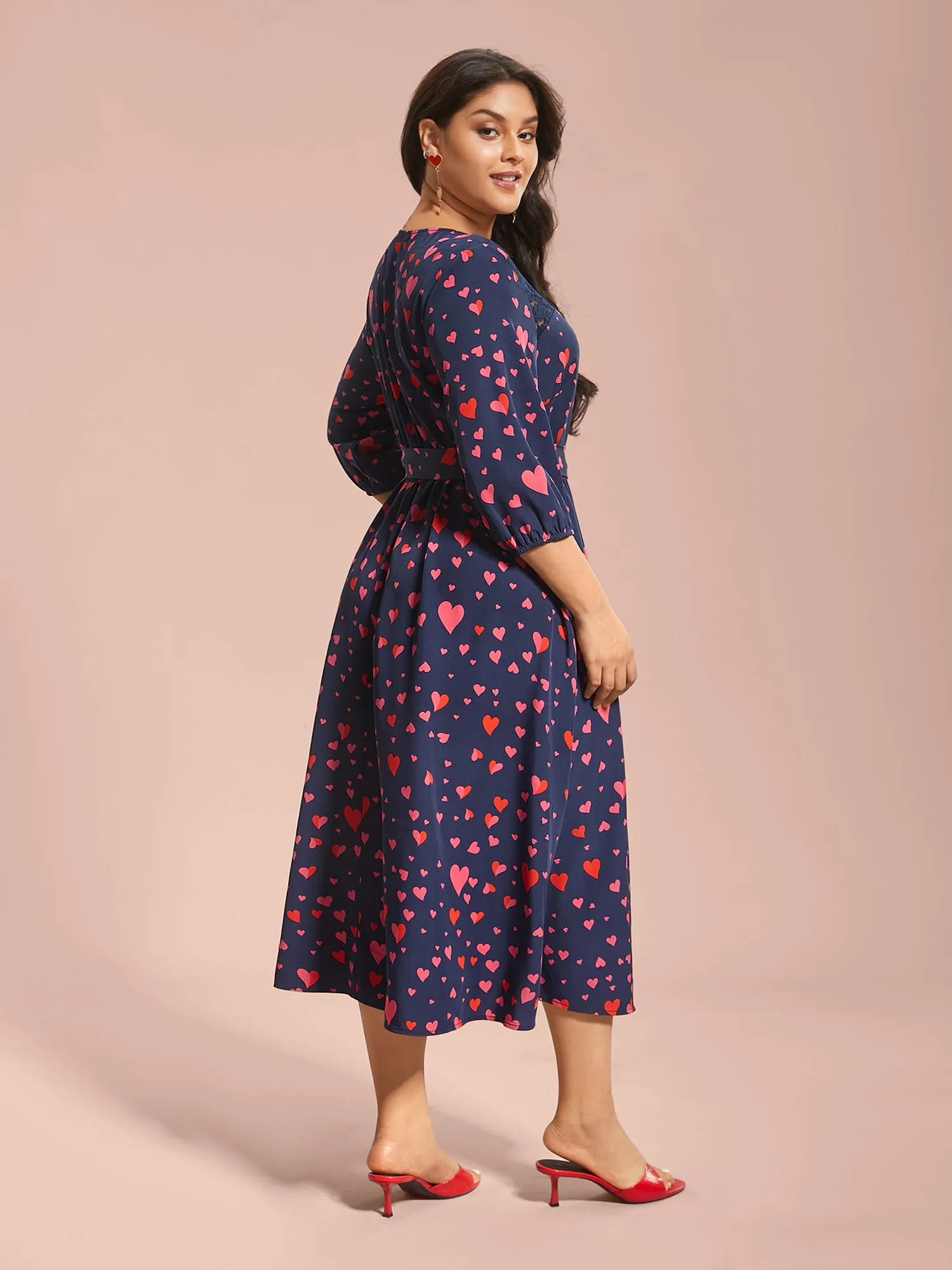 Lace Insert Heart Print Waist-Tie Dress sold by Bloomchic product image thumbnail 5