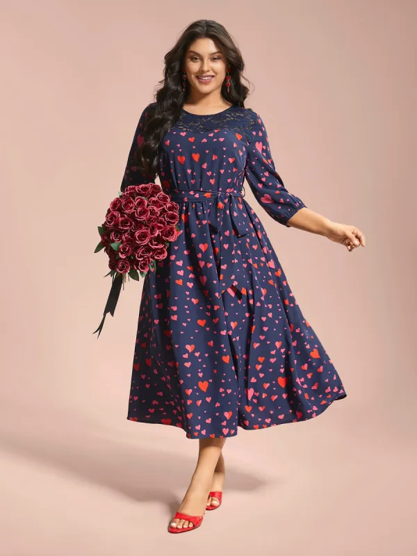 Lace Insert Heart Print Waist-Tie Dress sold by Bloomchic