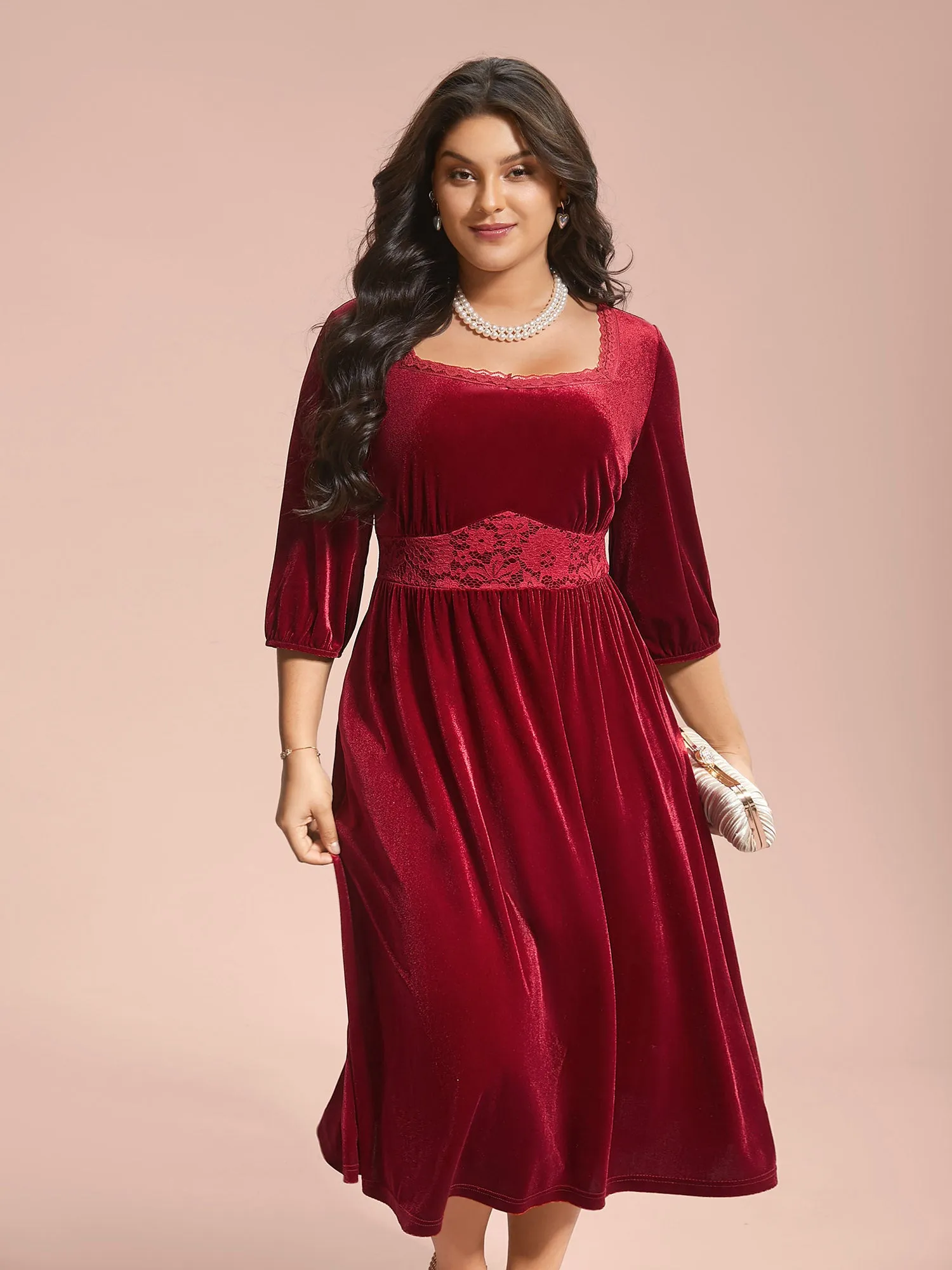 Velvet Lace Detail Waist-Cinched Dress sold by Bloomchic product image thumbnail 3