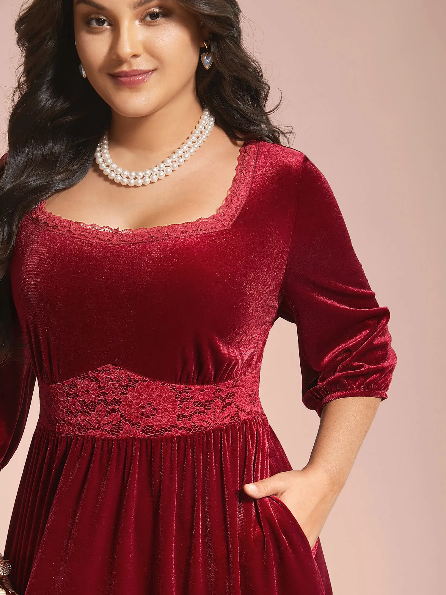 Velvet Lace Detail Waist-Cinched Dress sold by Bloomchic product image thumbnail 2