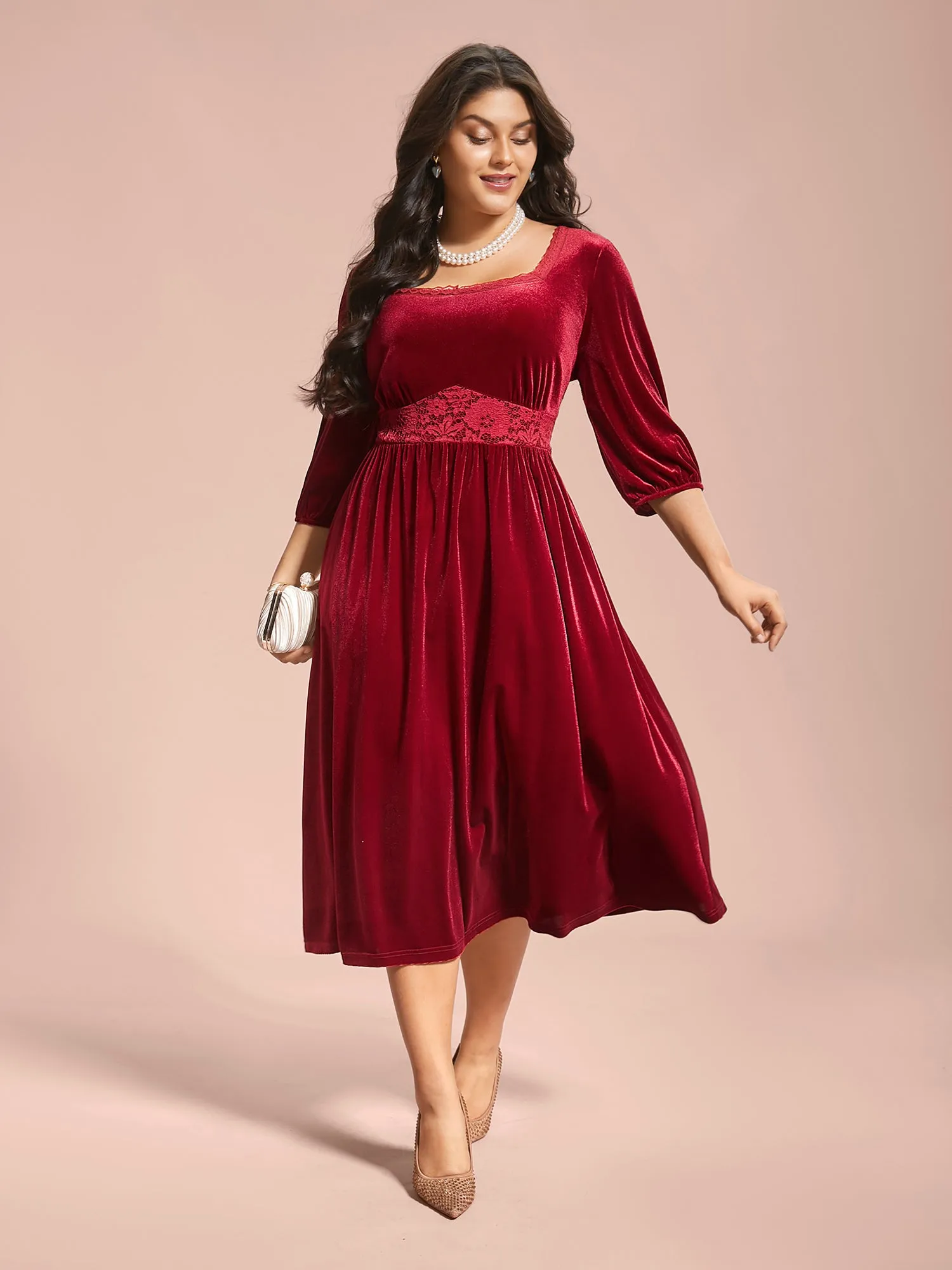 Velvet Lace Detail Waist-Cinched Dress sold by Bloomchic product image thumbnail 4