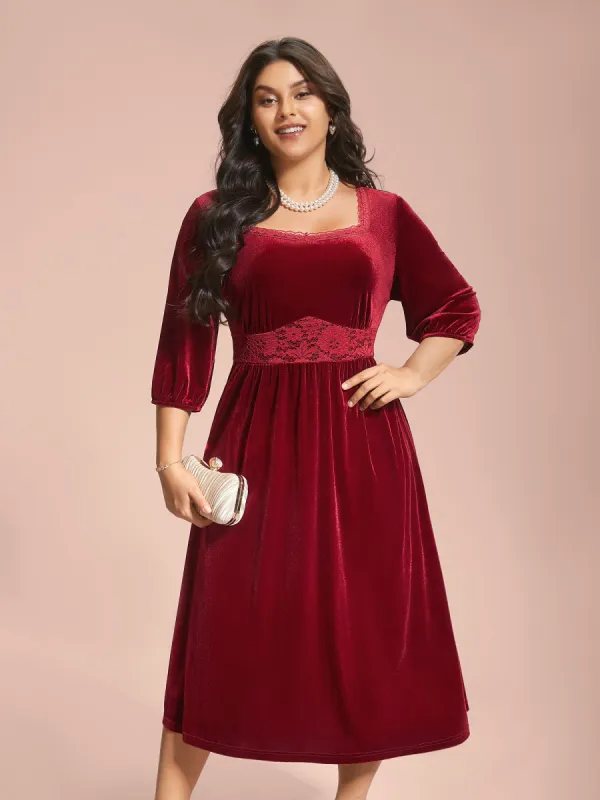 Velvet Lace Detail Waist-Cinched Dress sold by Bloomchic