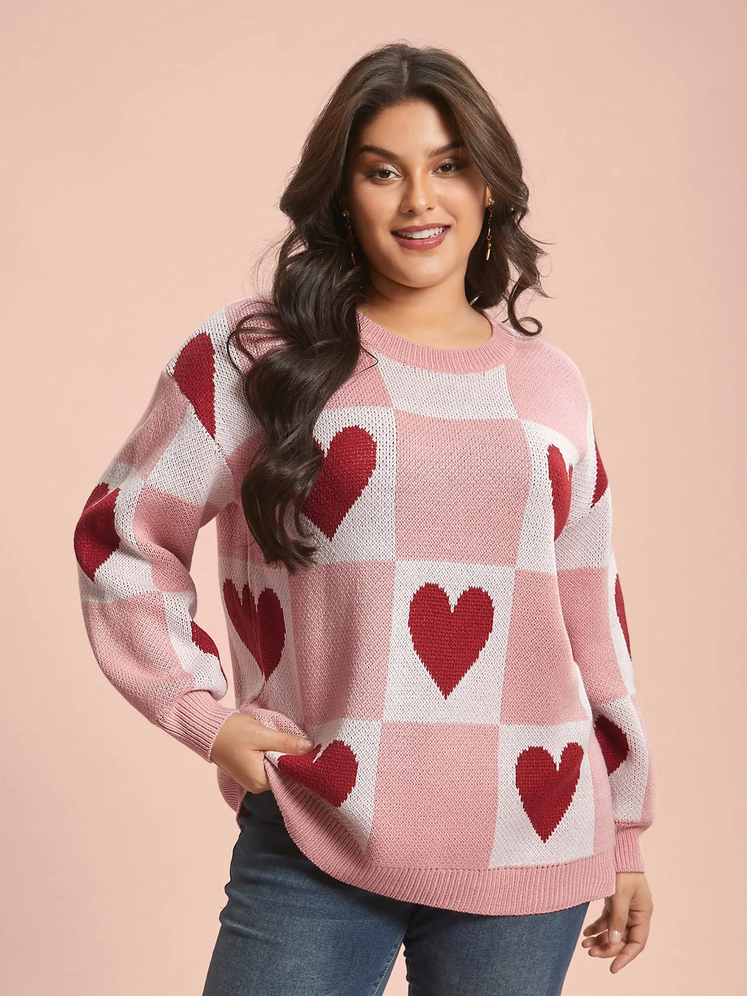 Checkered Hearts Jacquard Color-Contrast Pullover sold by Bloomchic