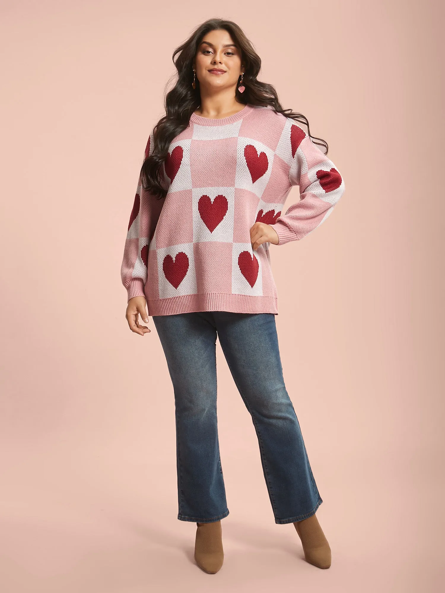 Checkered Hearts Jacquard Color-Contrast Pullover sold by Bloomchic product image thumbnail 3
