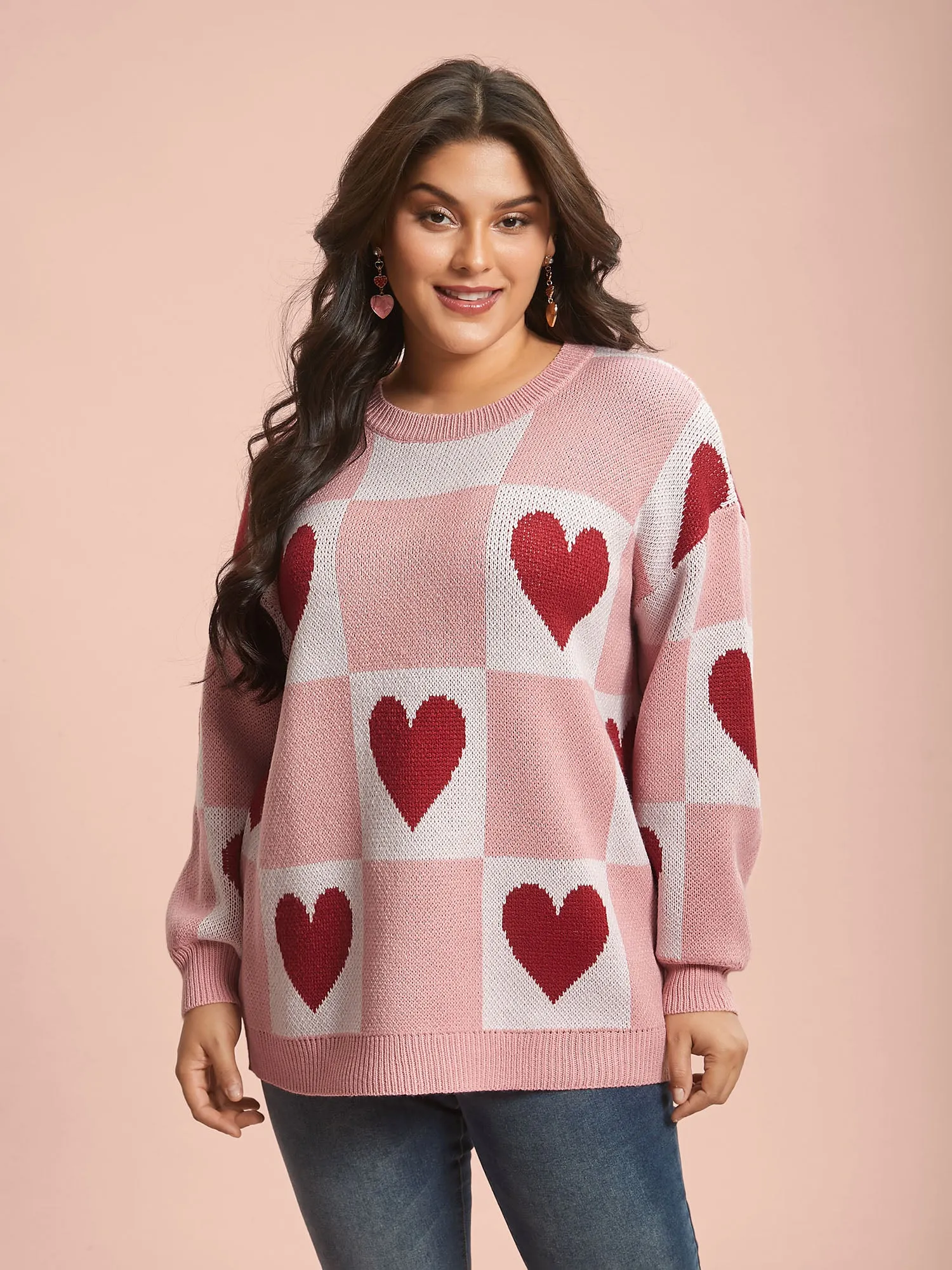 Checkered Hearts Jacquard Color-Contrast Pullover sold by Bloomchic product image thumbnail 4