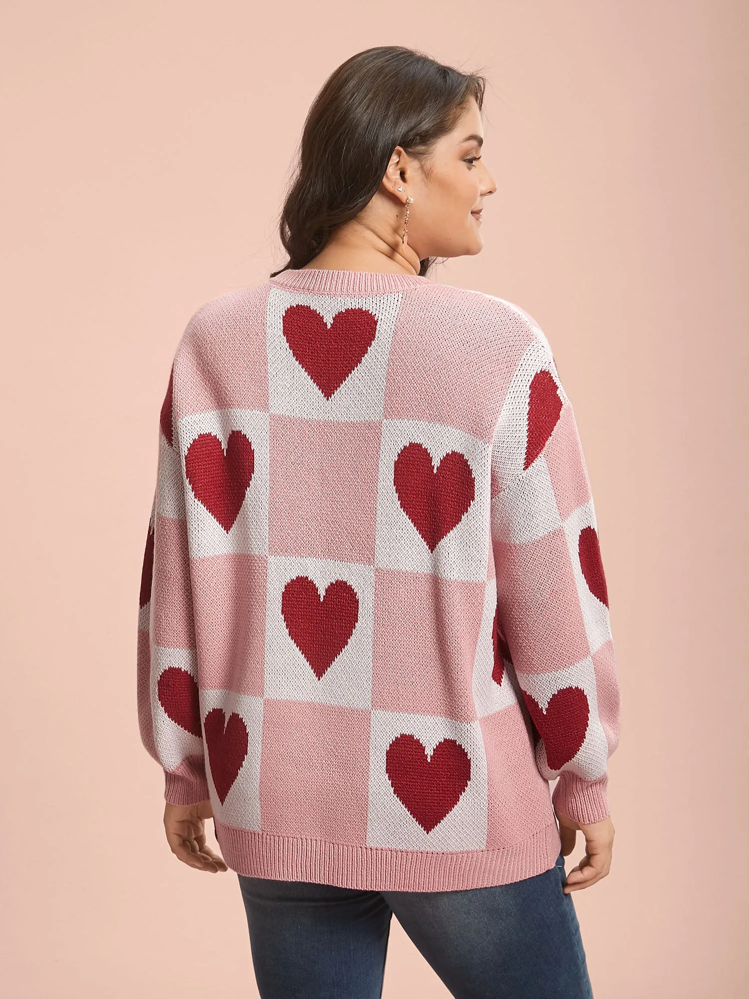 Checkered Hearts Jacquard Color-Contrast Pullover sold by Bloomchic product image thumbnail 2
