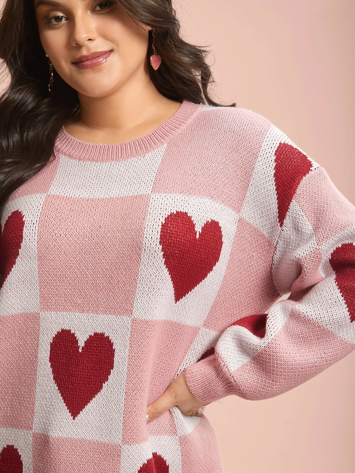 Checkered Hearts Jacquard Color-Contrast Pullover sold by Bloomchic product image thumbnail 5