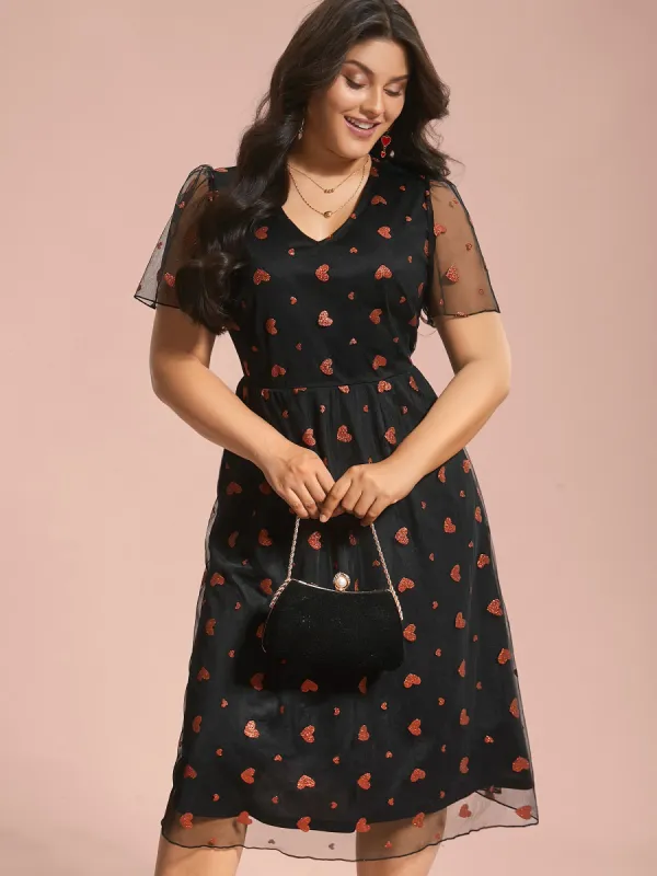 V-Neck Flutter Sleeve Heart Pattern Midi Dress sold by Bloomchic