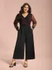 Surplice Neck Heart Flocking Mesh Patchwork Jumpsuit sold by Bloomchic
