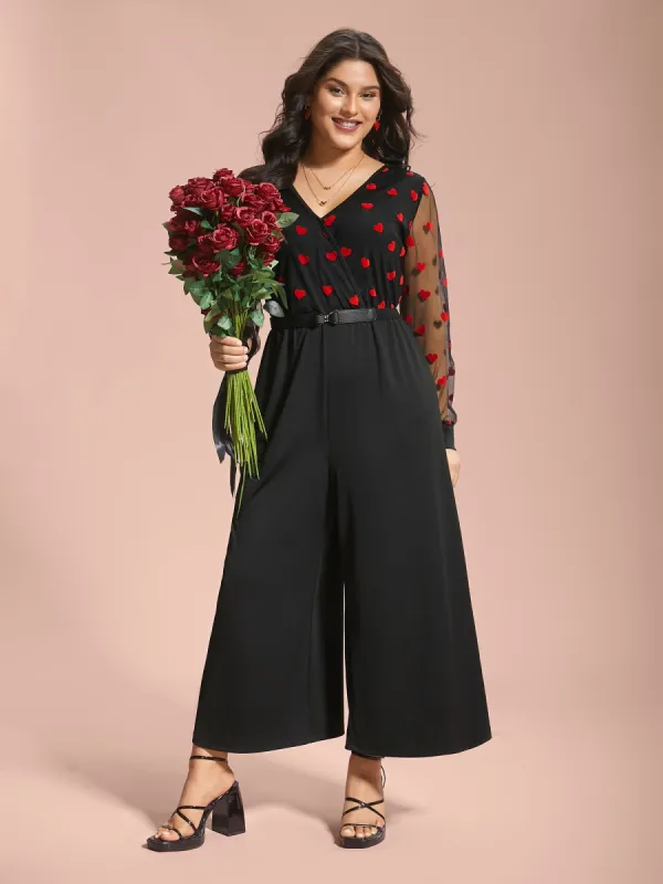 Surplice Neck Heart Flocking Mesh Patchwork Jumpsuit sold by Bloomchic