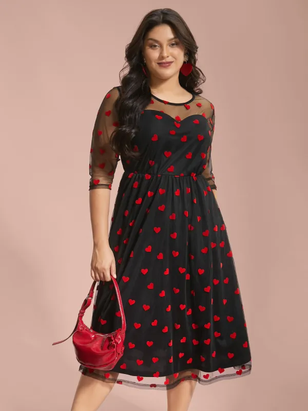 Flocking Heart Mesh Patchwork Midi Dress sold by Bloomchic