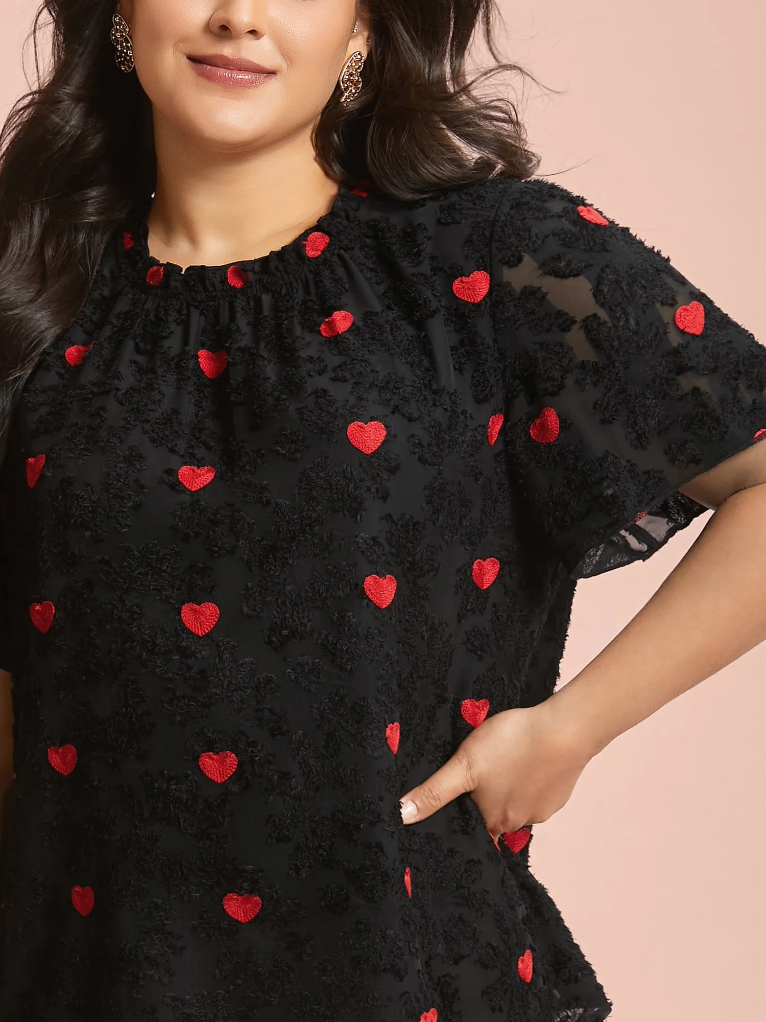 Heart Jacquard Frill Trim Textured Blouse sold by Bloomchic product image thumbnail 3