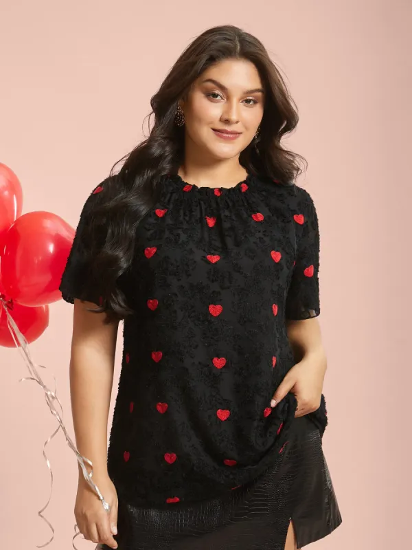 Heart Jacquard Frill Trim Textured Blouse sold by Bloomchic