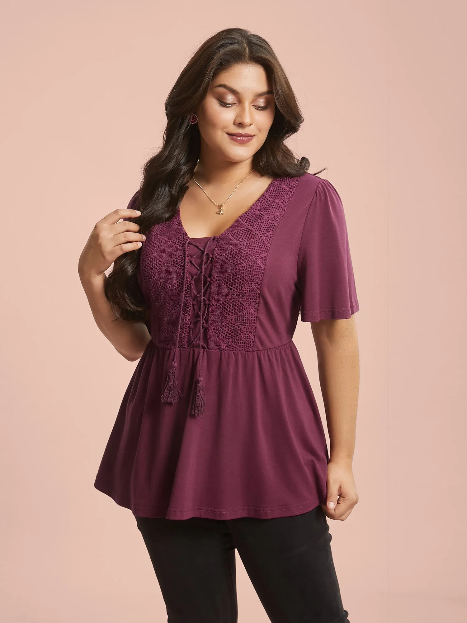 Lace-Up Tassels Patchwork Plain Top sold by Bloomchic product image thumbnail 4
