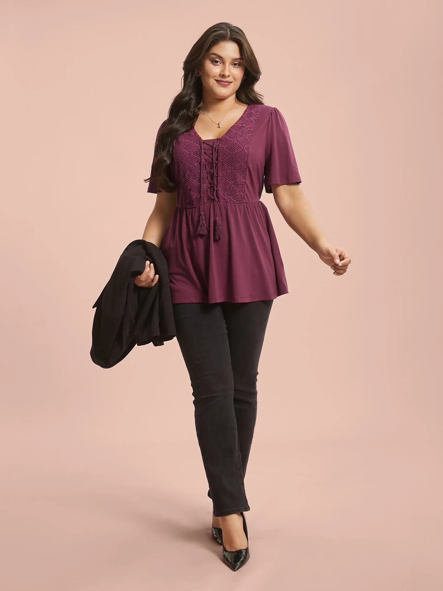 Lace-Up Tassels Patchwork Plain Top sold by Bloomchic product image thumbnail 2